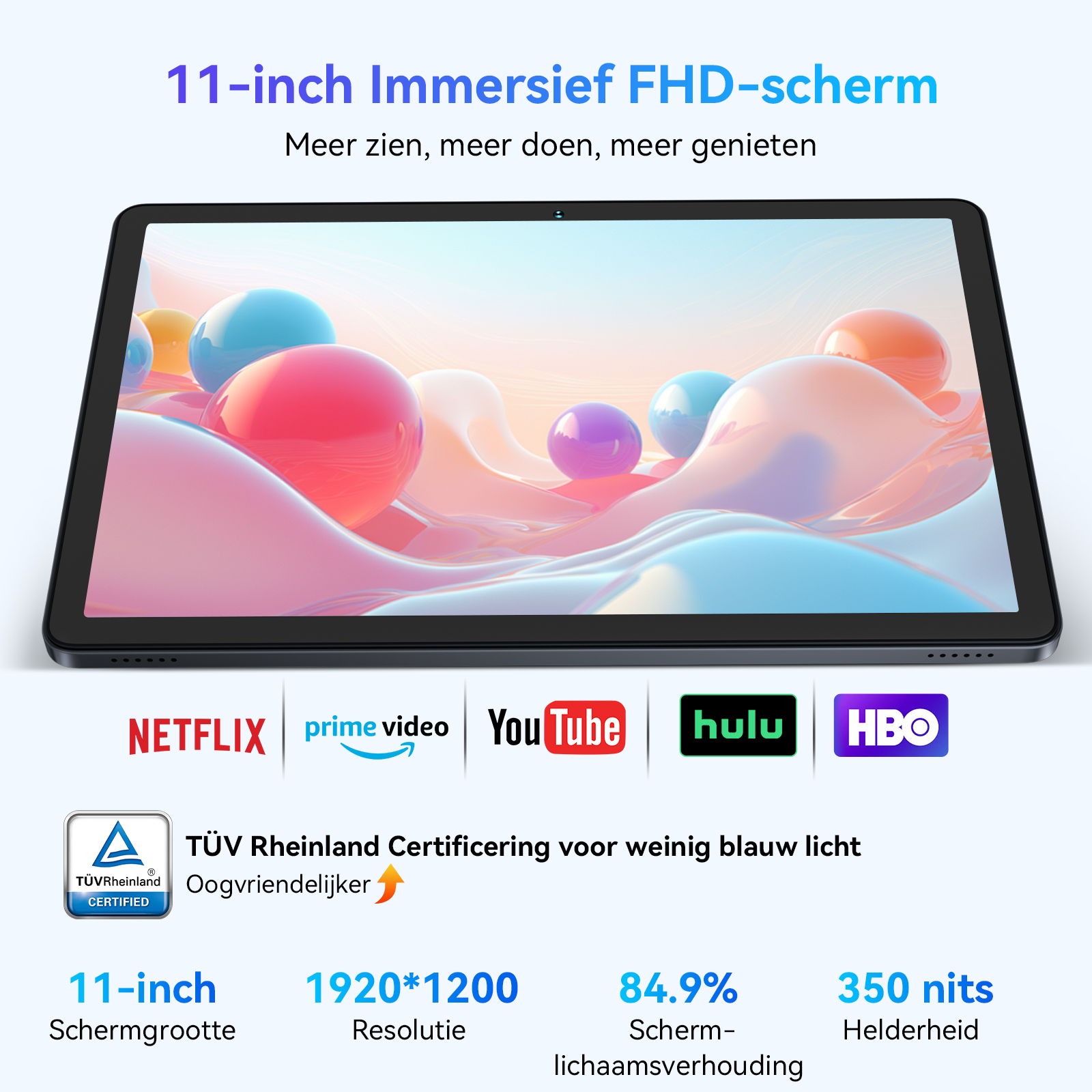 Een 11-inch tablet met FHD-scherm, app-logo's en specificaties.