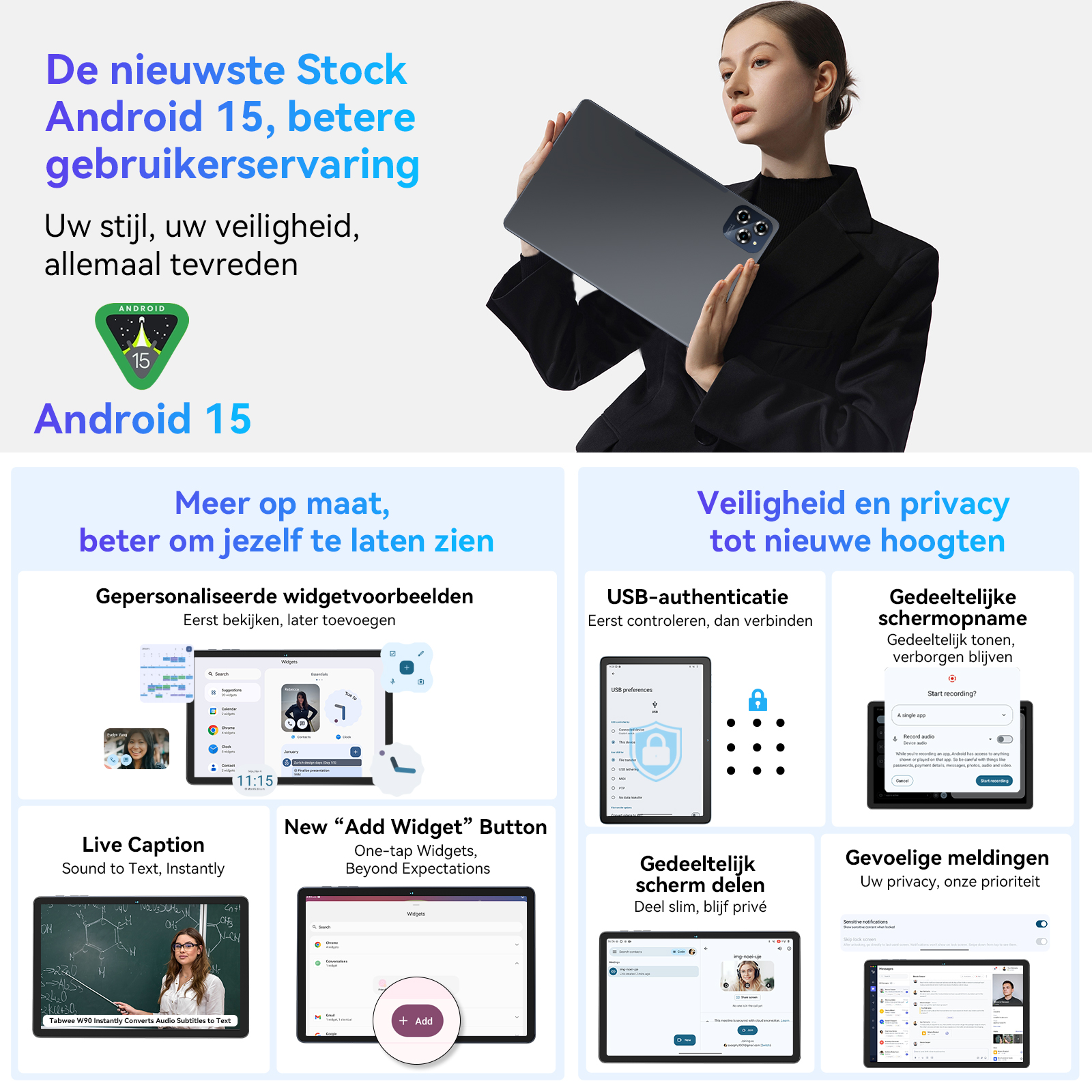 Een vrouw houdt een tablet met Android 15 vast. Nieuwe functies worden getoond.