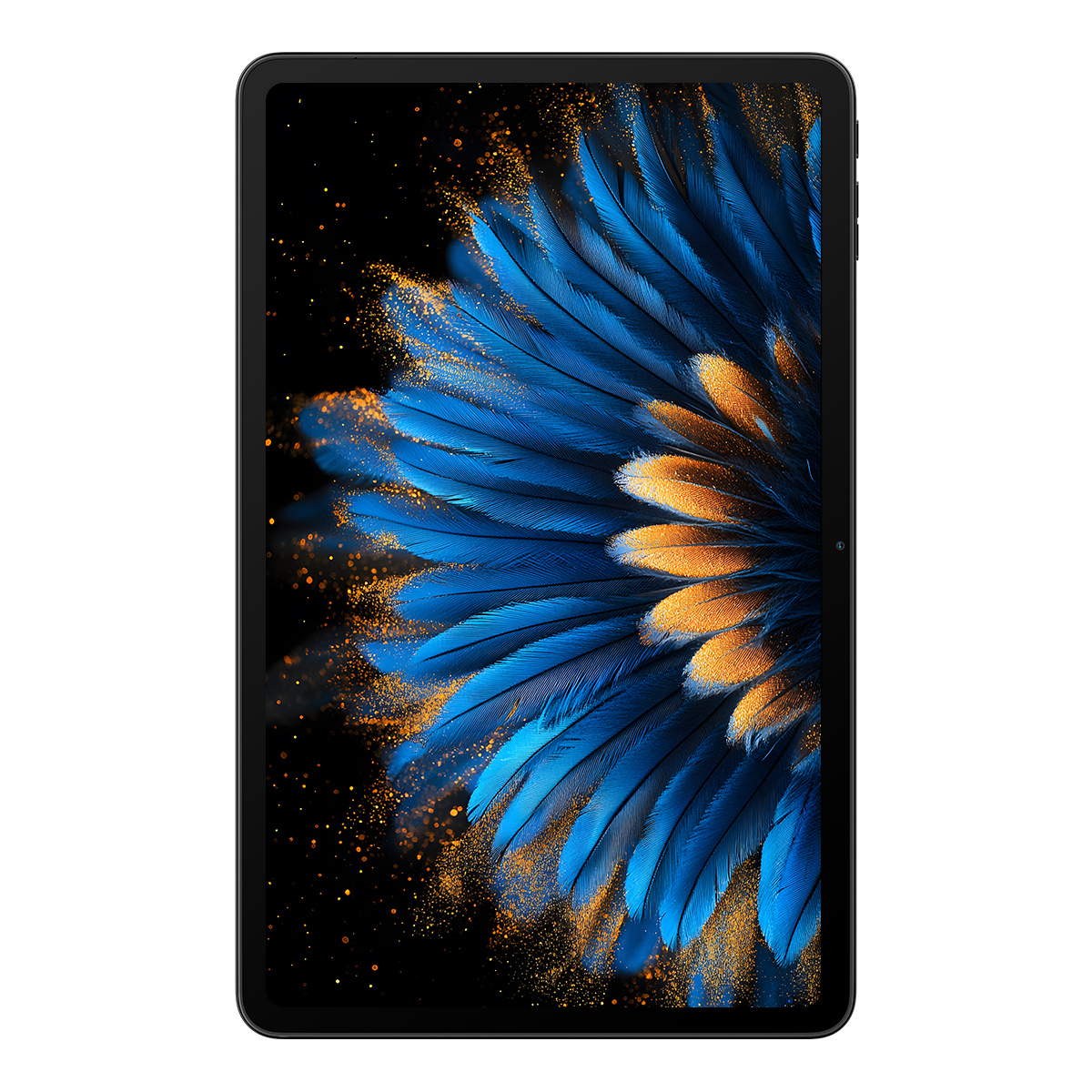 Een tablet met een donkere achtergrond en een abstract patroon van blauwe en gouden veren.