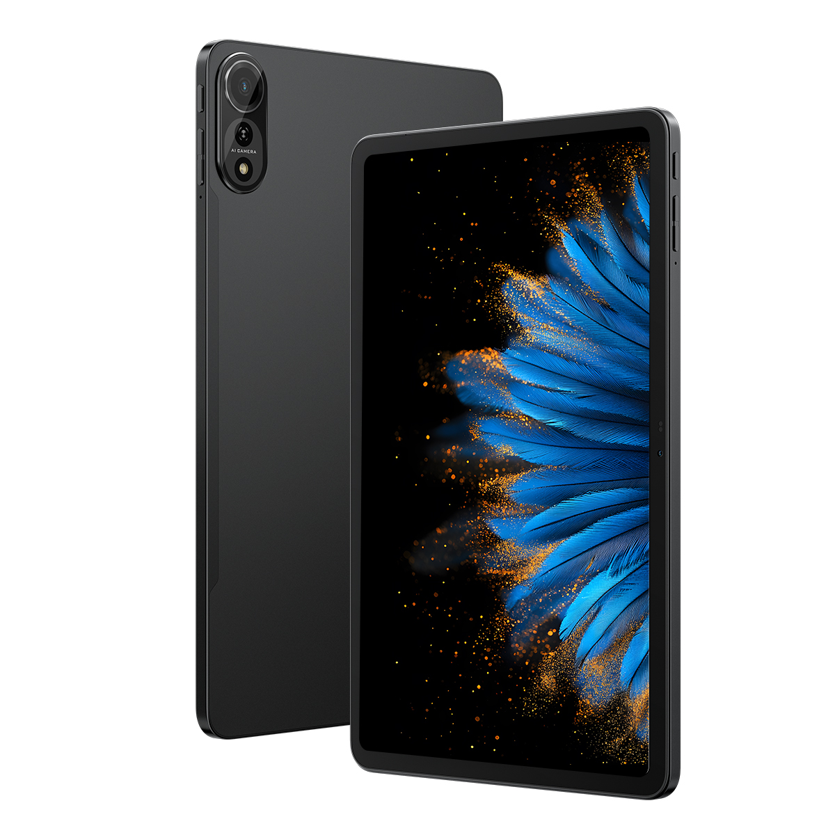 Twee zwarte tablets worden getoond. Eén ligt met de achterkant naar beneden, met de camera aan de achterzijde zichtbaar. De ander toont een blauwe veer-afbeelding.