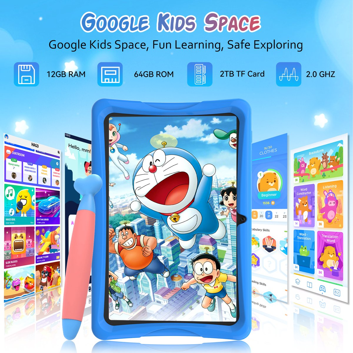 Een blauwe tablet toont Doraemon en vrienden, met app-pictogrammen en specificaties.