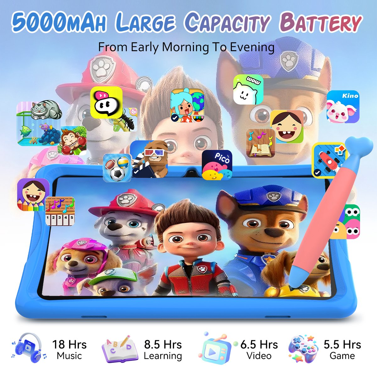 Blauwe tablet met Paw Patrol-personages en app-pictogrammen. Batterijduur onderaan.