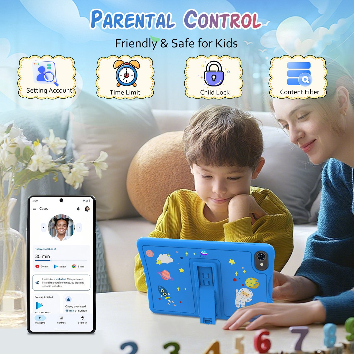 Moeder en kind gebruiken een tablet met ouderlijk toezicht functies.