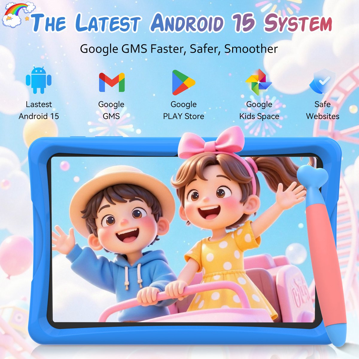 Tablet met Android 15, kinderen en iconen voor Google Play, GMS, Kids Space.