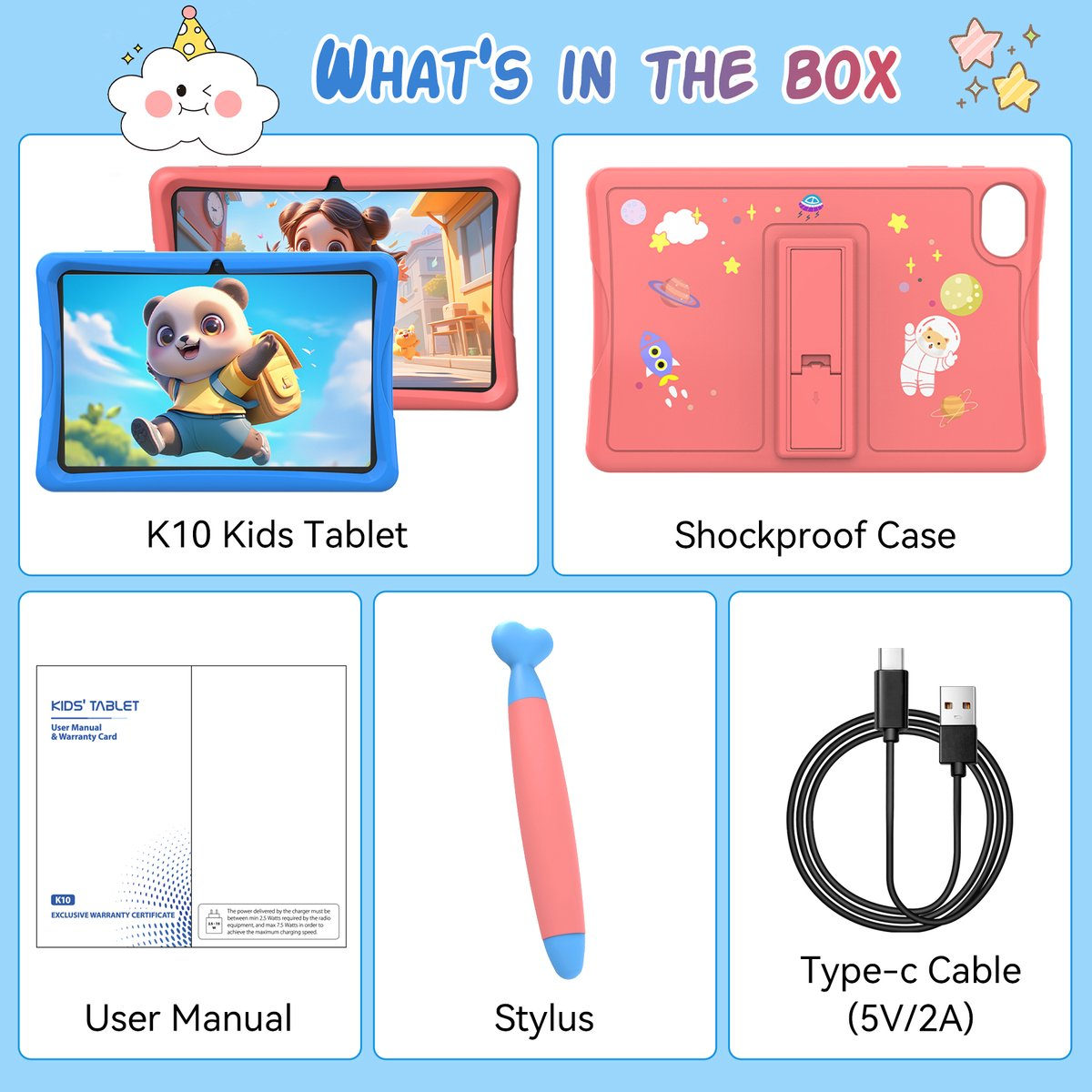 Inhoud van de doos: K10 kindertablet, schokbestendige hoes, stylus, Type-C kabel, handleiding.