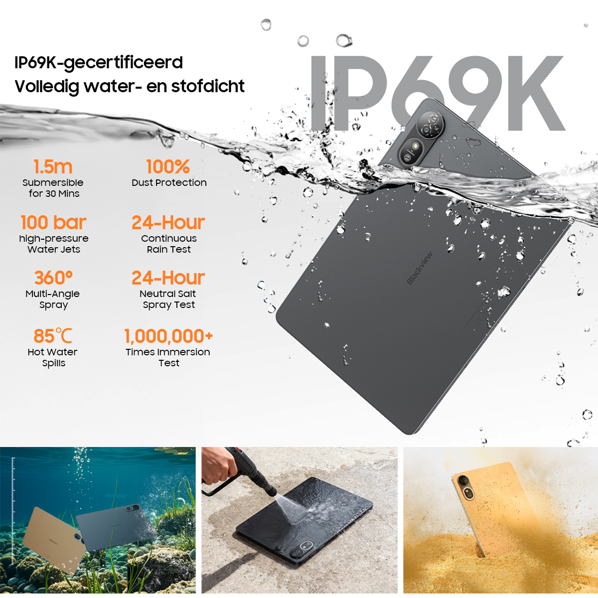 Tablet wordt getest met water en zand om IP69K-certificering te tonen.