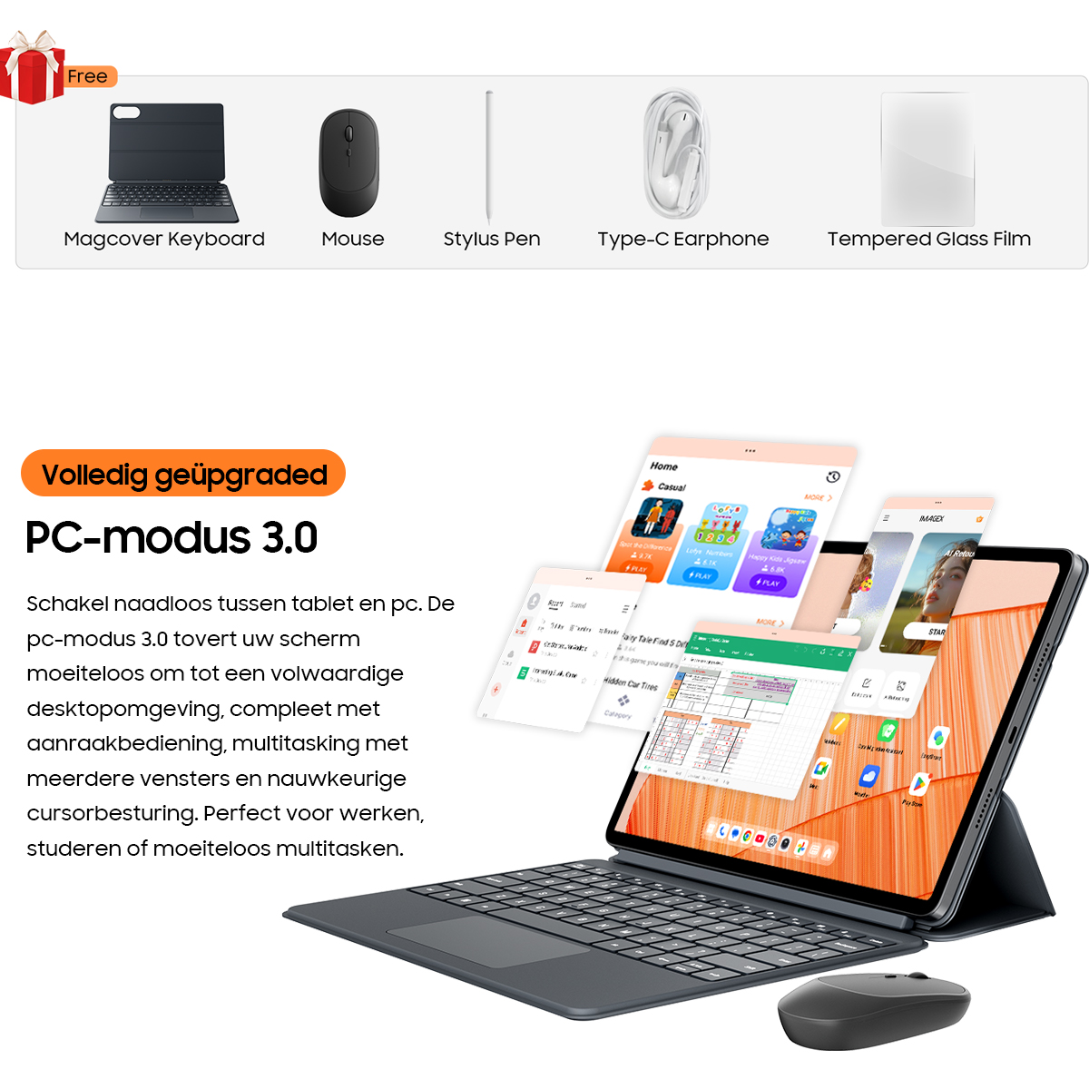 Tablet met toetsenbord, muis, pen, oortjes en screenprotector.