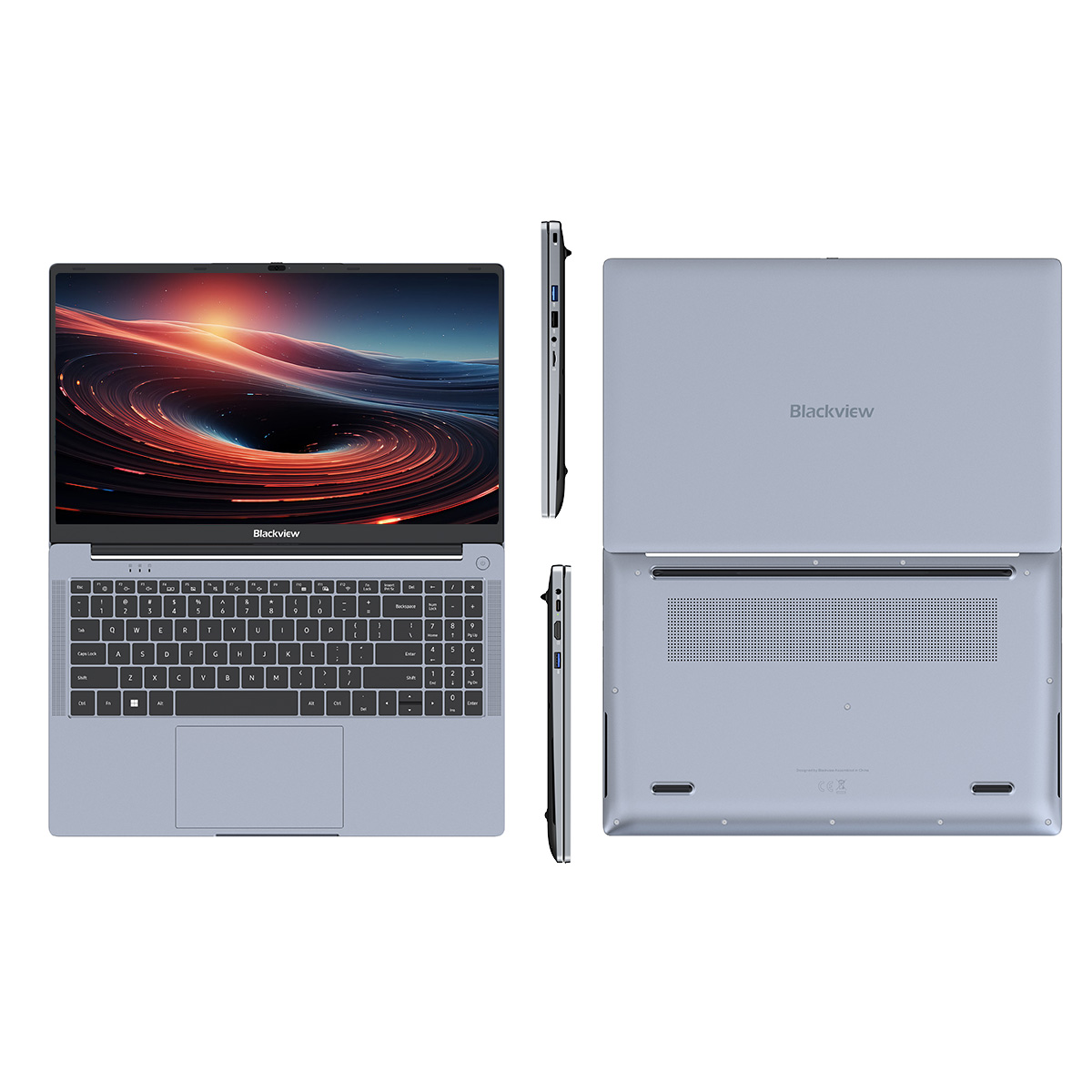 Jasnoszary laptop Blackview pokazany od przodu, z boku i z tyłu.