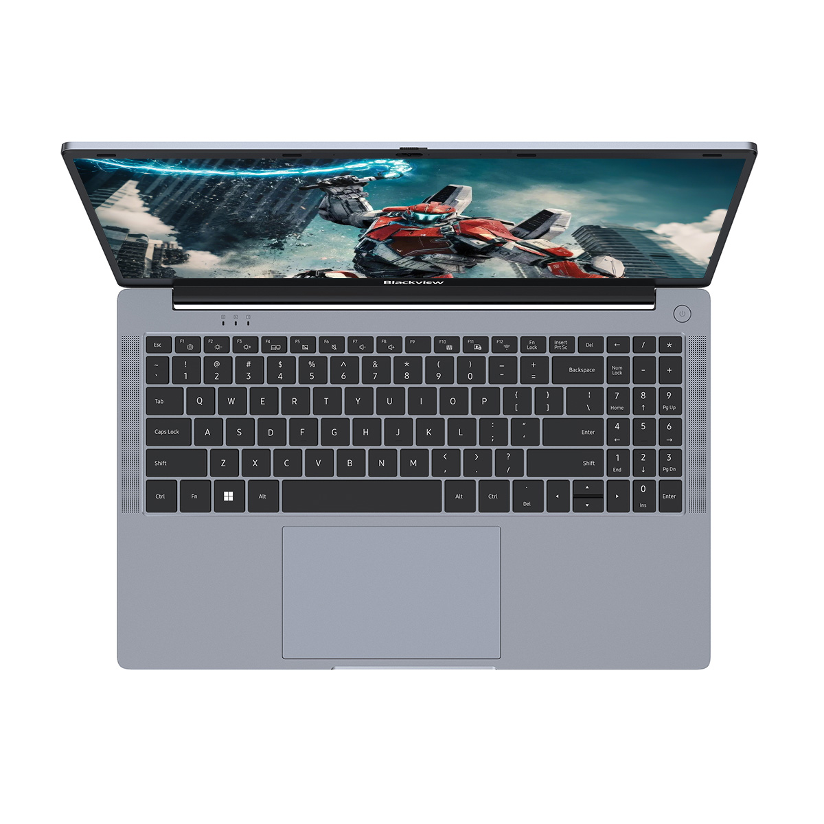 Otwarty laptop z futurystycznym myśliwcem na ekranie.