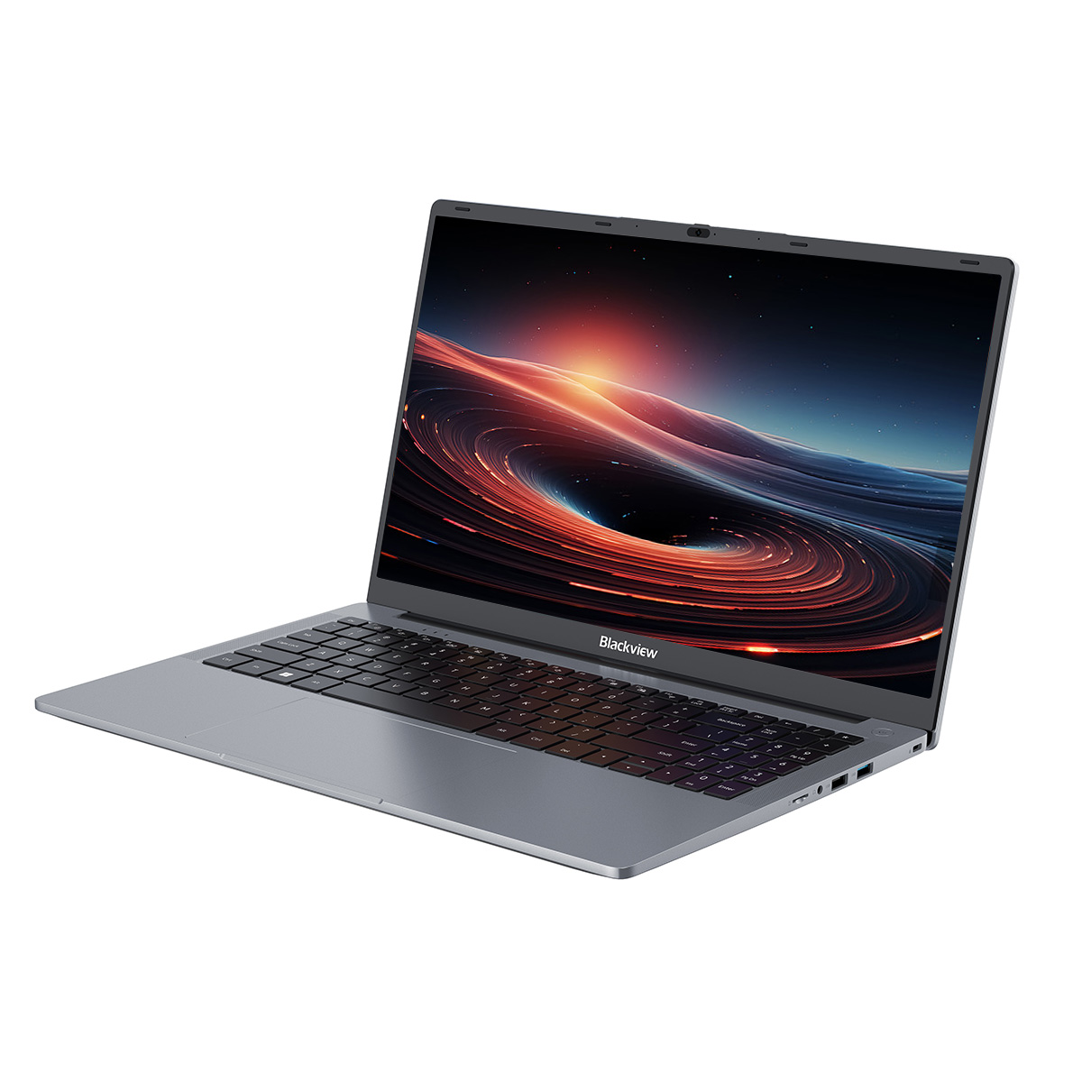 Szary laptop Blackview z abstrakcyjną, wirującą tapetą na ekranie.