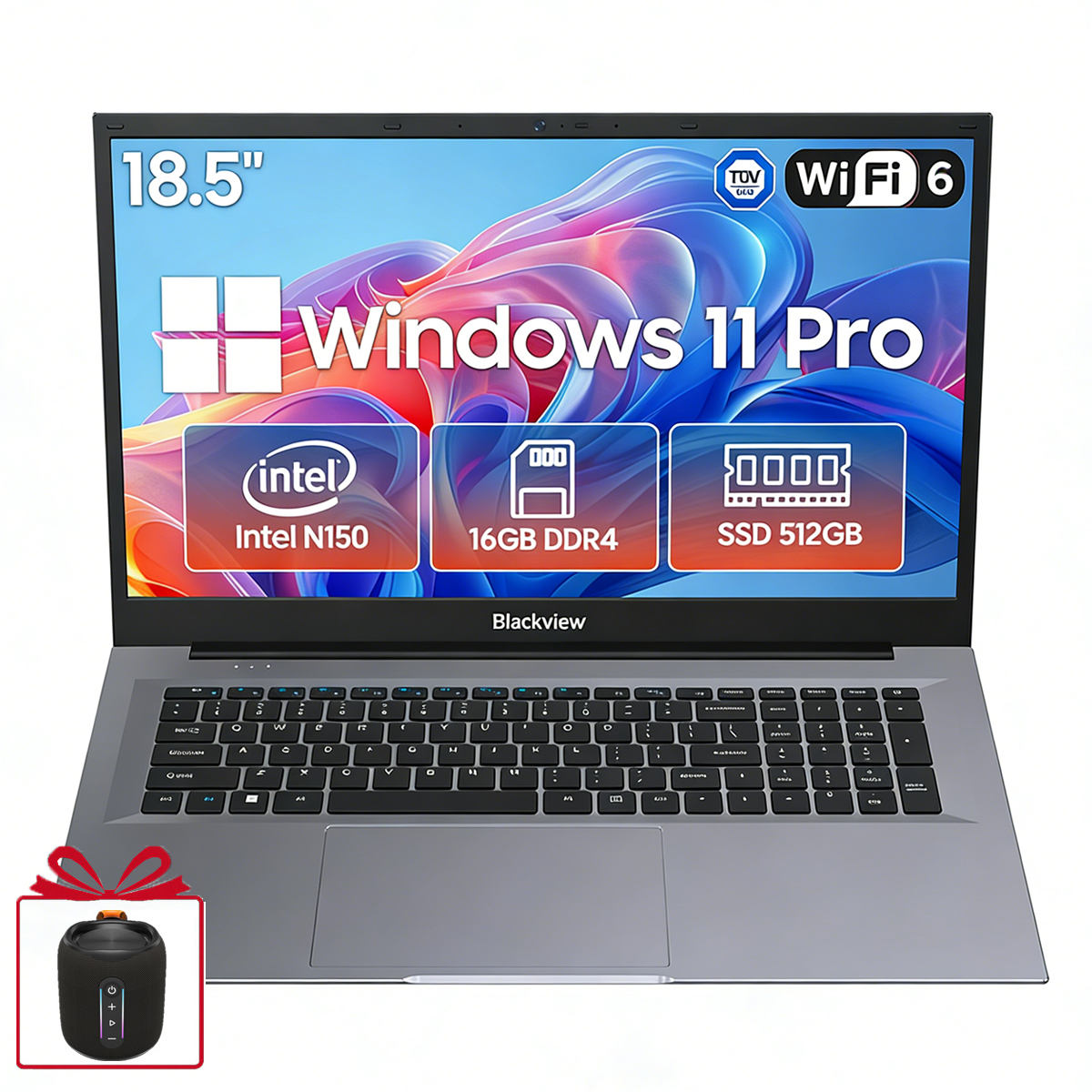 A 18.5-inch laptop with Windows 11 Pro, Intel N150, 16GB DDR4, and 512GB SSD.