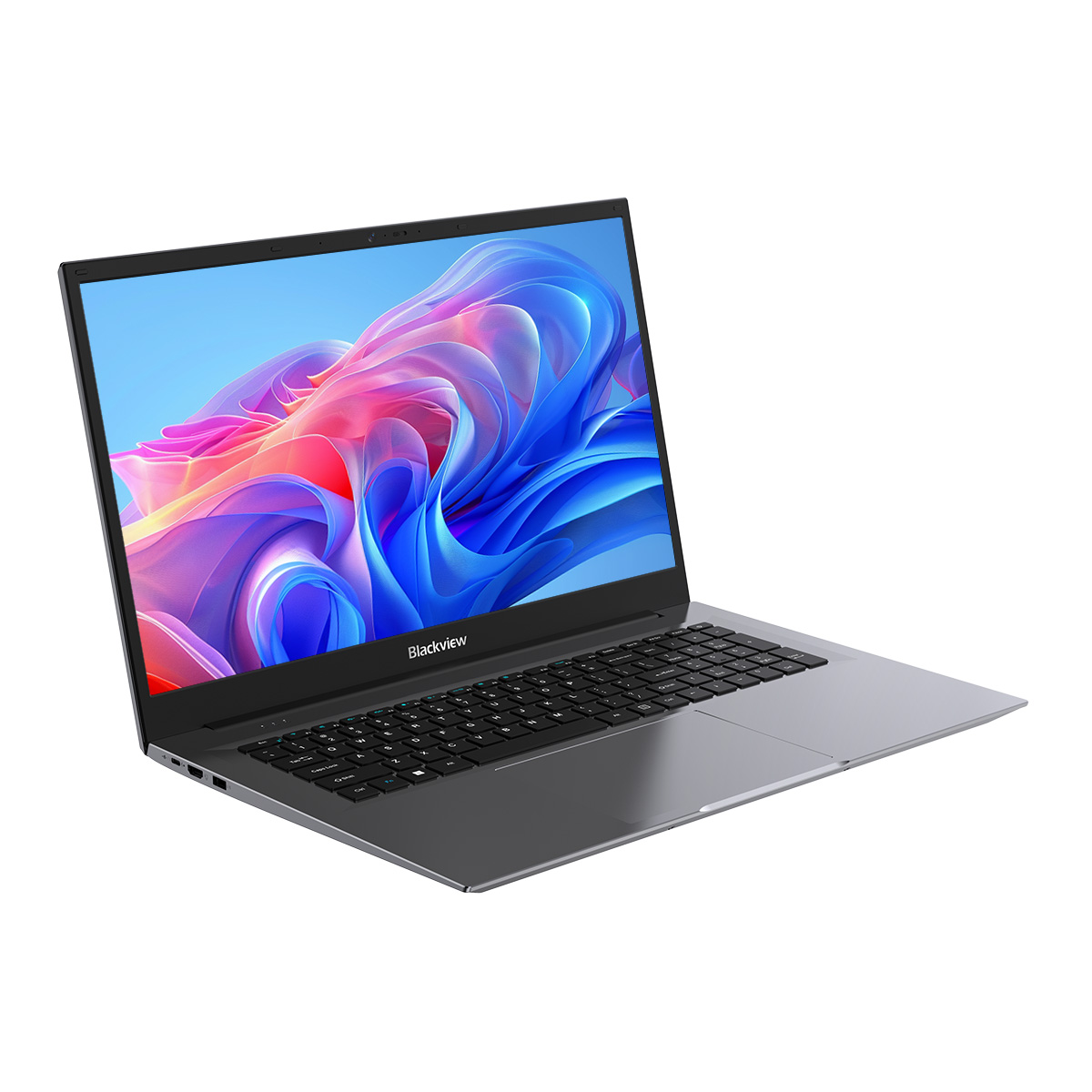 An open gray laptop displaying a colorful abstract background on its screen.