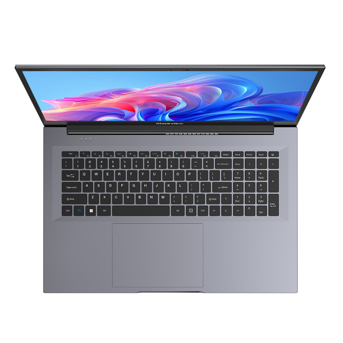 An open gray laptop with a colorful abstract wallpaper on its screen.