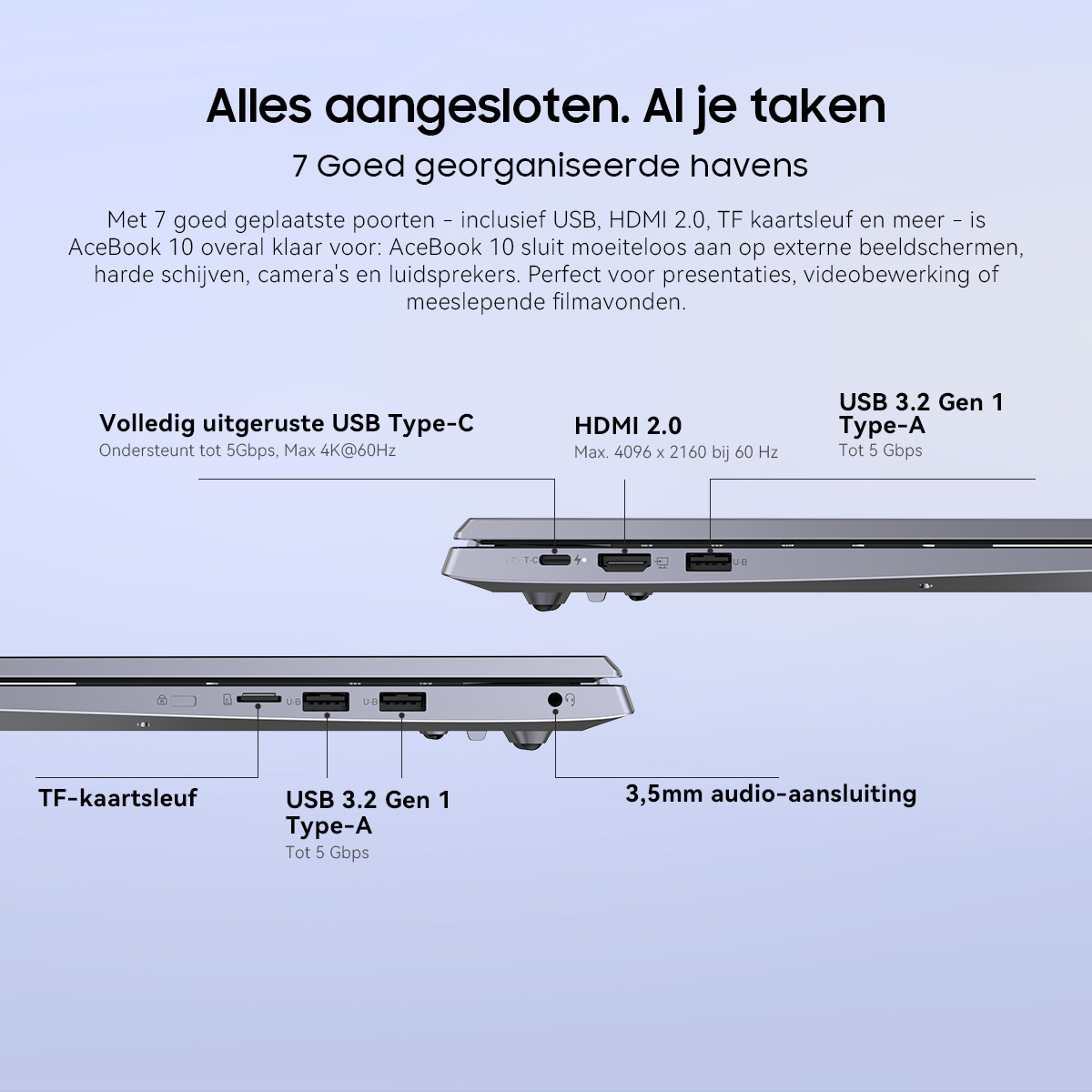Laptop with ports: USB-C, HDMI 2.0, USB-A, TF card slot, audio jack.