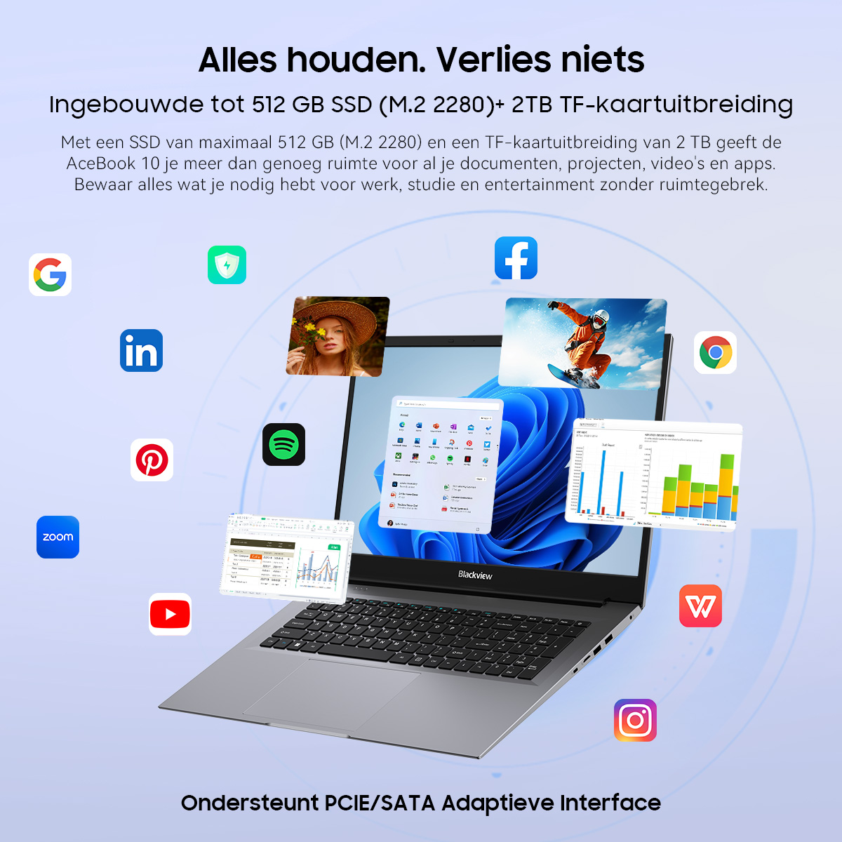 A laptop with various app icons like Google, LinkedIn, Spotify, and Facebook. Keyboard in foreground.