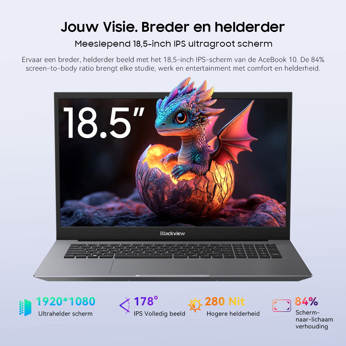 A laptop with an 18.5-inch screen displays a small dragon hatching from an egg.