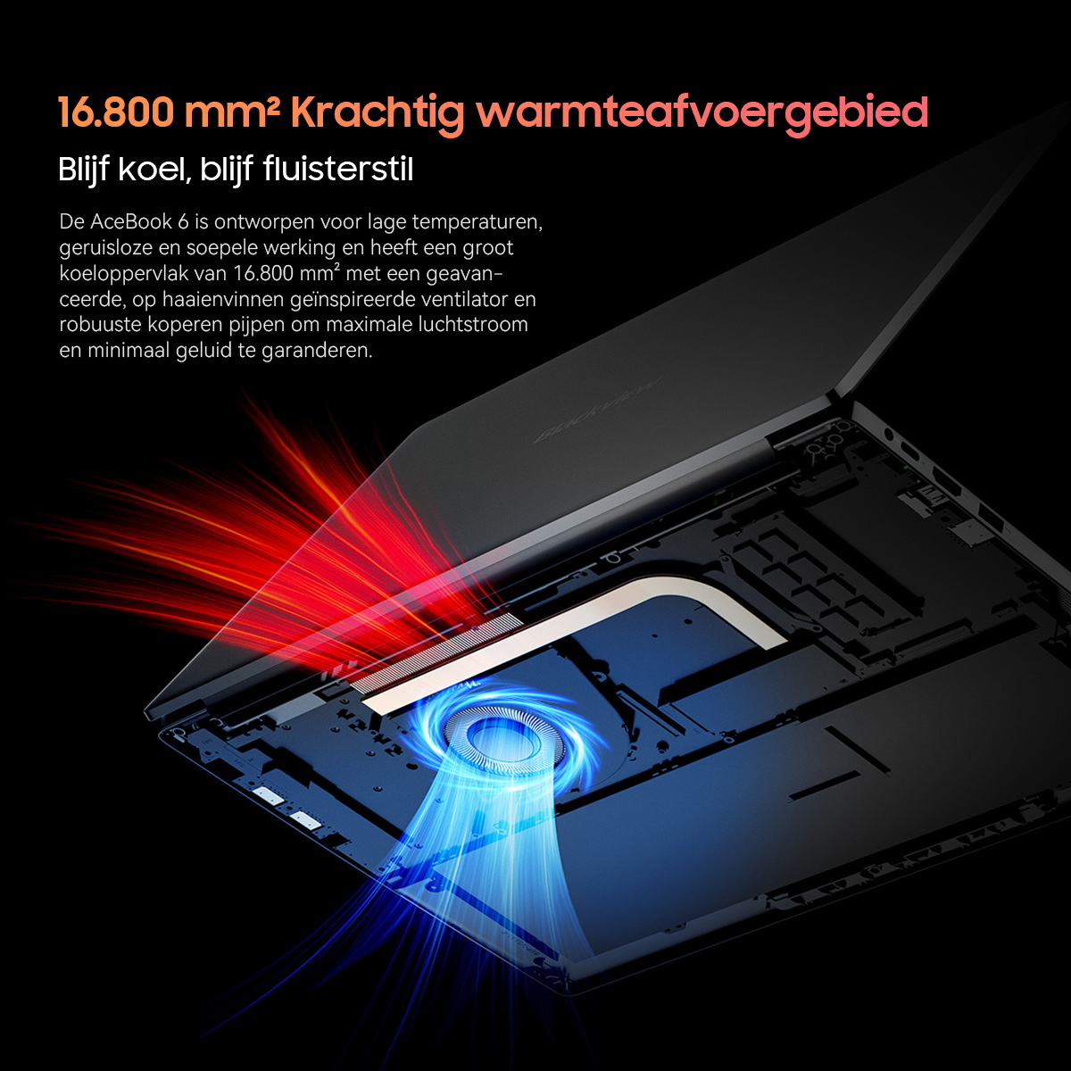 Laptop interior showing fan and heat dissipation. Blue cooling, red heat.