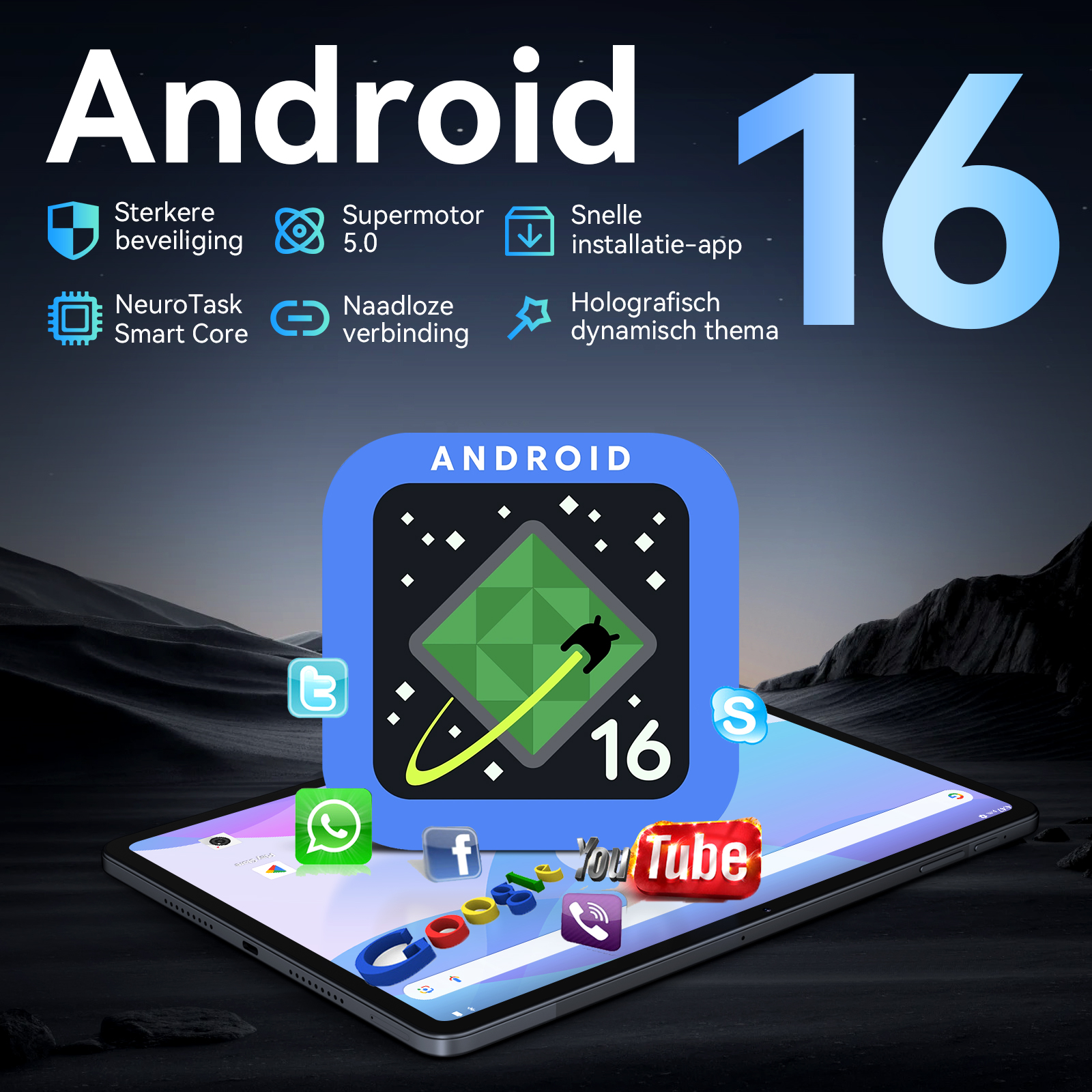 Android 16 met app-iconen zoals YouTube en Twitter op een tablet.