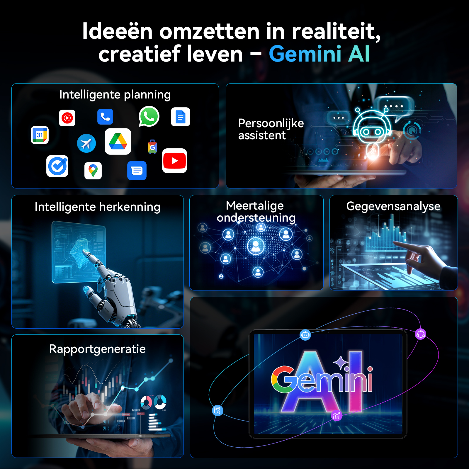 Illustratie met Gemini AI-functies: planning, herkenning, data-analyse.