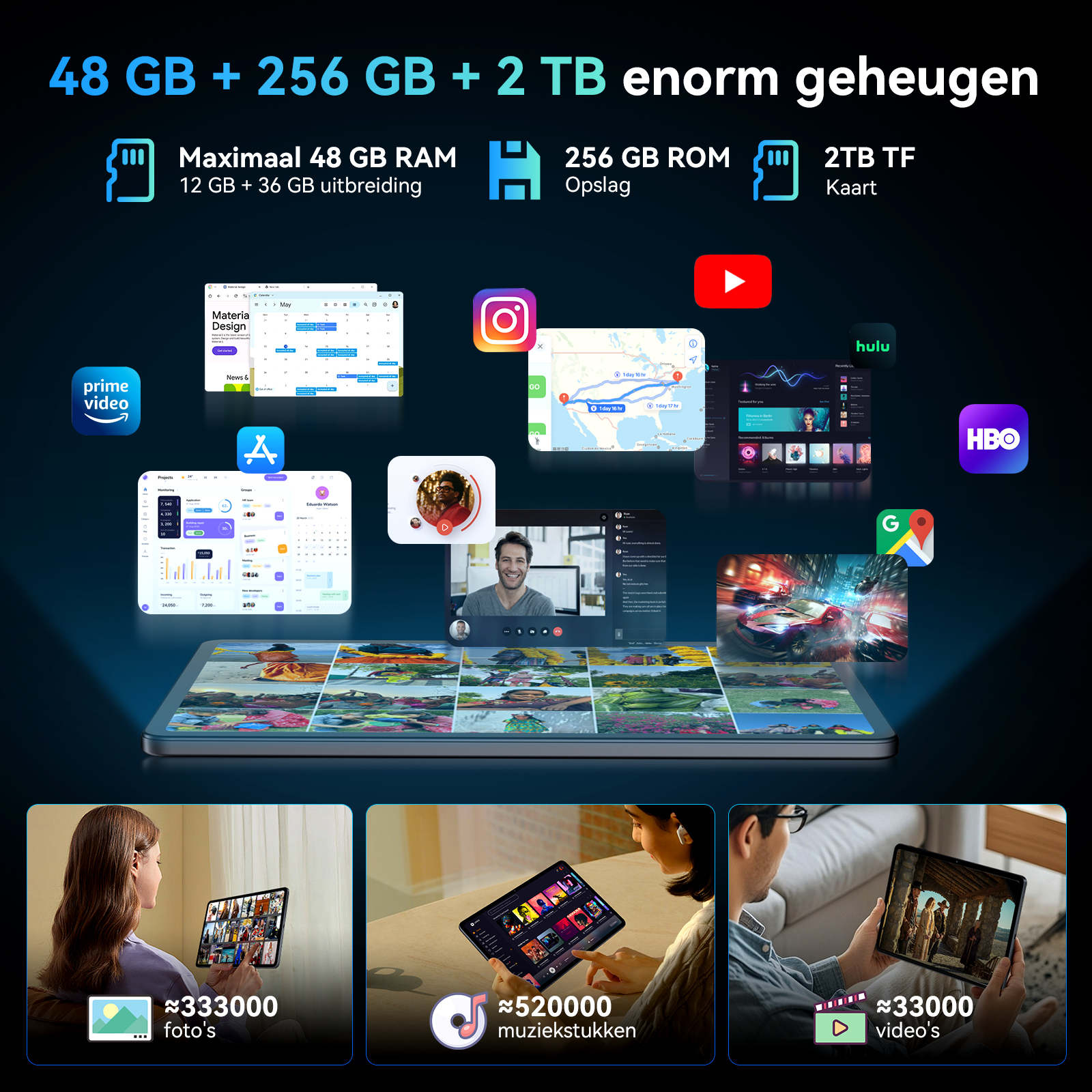 Specificaties: 48 GB RAM, 256 GB ROM, 2 TB TF-kaart. Apps getoond.