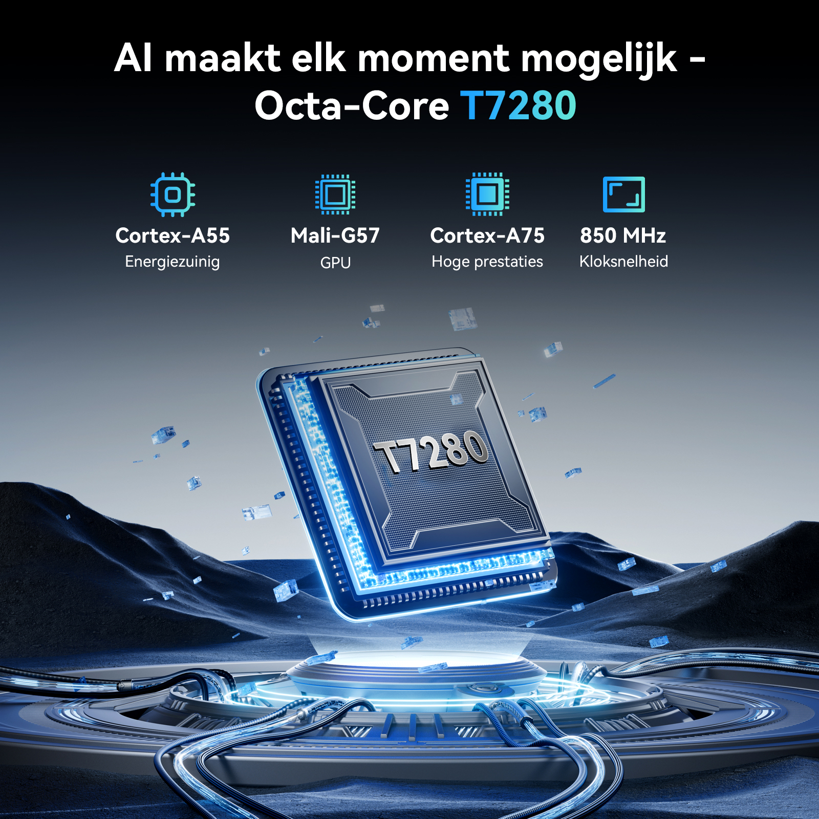 Een Octa-Core T7280 processor met Cortex-A55, Mali-G57 en Cortex-A75 op 850 MHz.