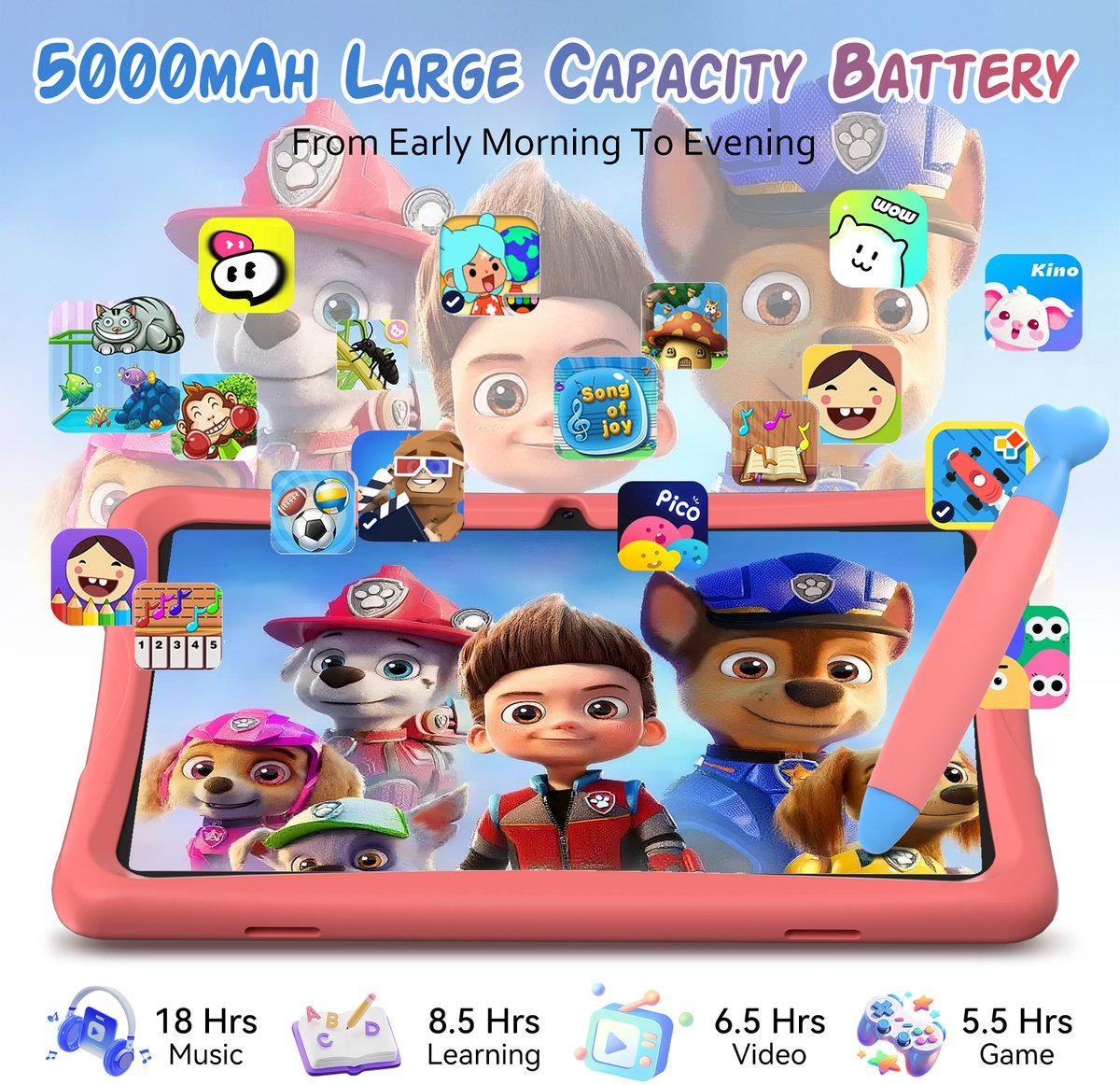 Een roze tablet met Paw Patrol-personages, app-iconen en details over de batterijduur.