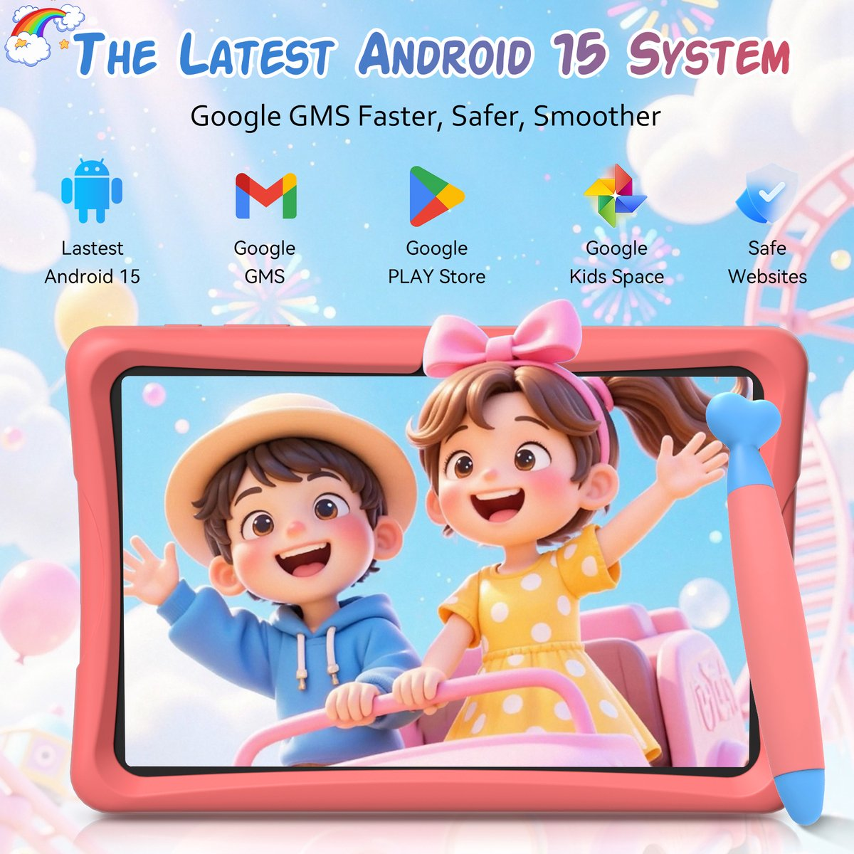 Tablet met Android 15, toont twee lachende kinderen in een achtbaan.