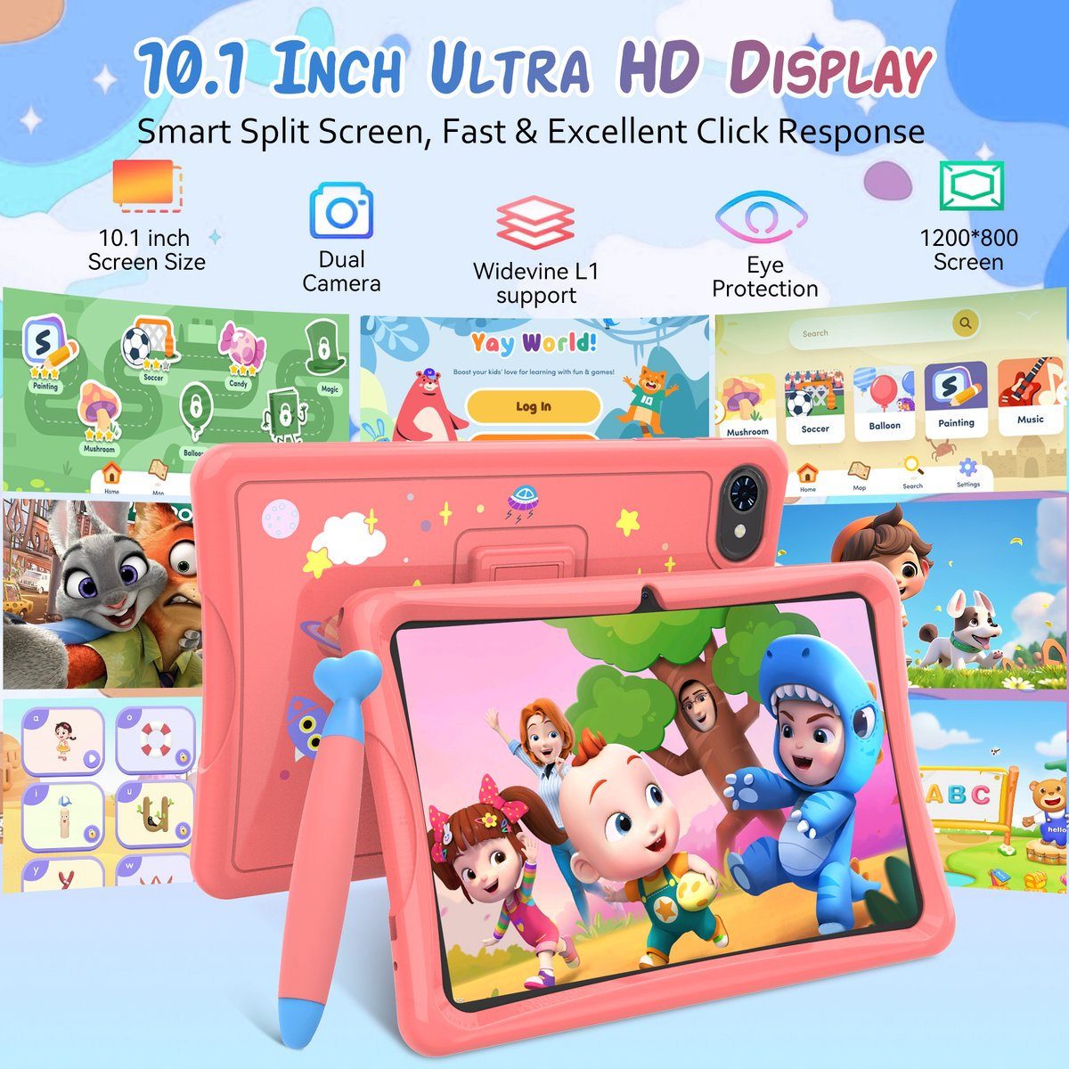 Roze tablet met spellen en educatieve apps, met kleurrijke personages.