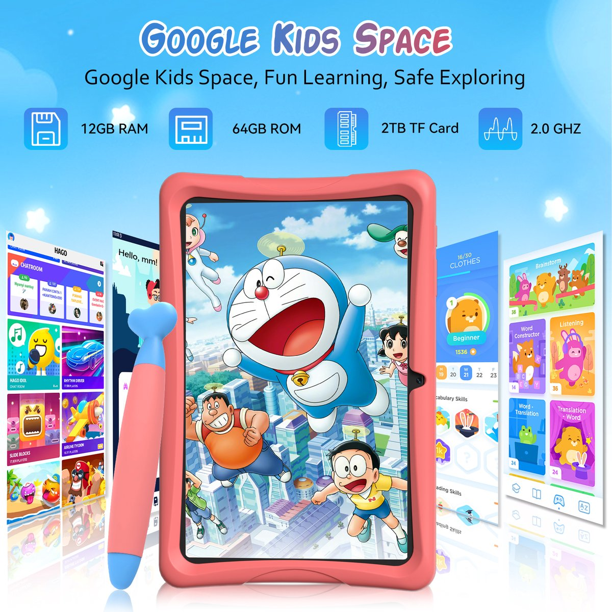 Een roze tablet met Doraemon-personages en leerapps. Specificaties worden vermeld.
