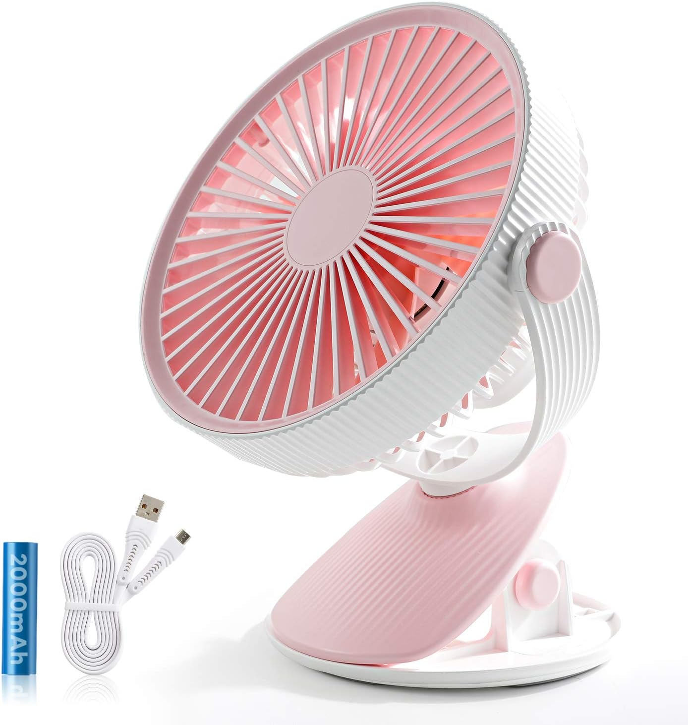 Ein rosa und weißer Ventilator mit USB-Kabel und Akku.