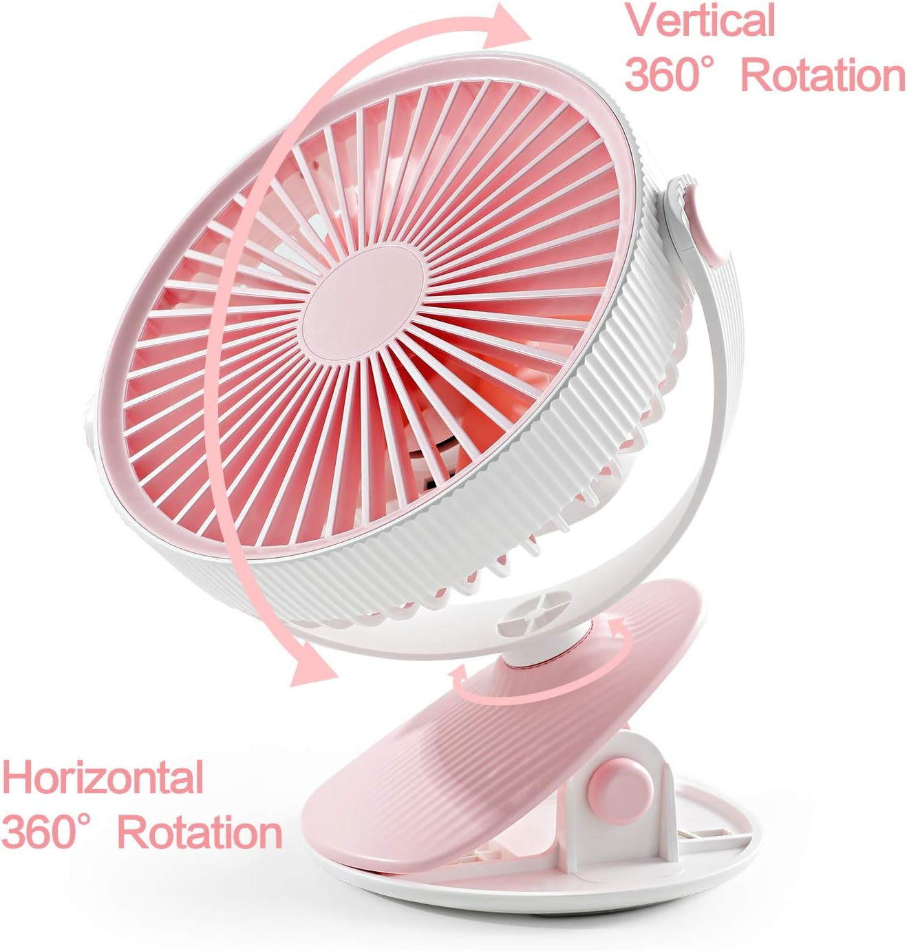 Ein rosafarbener Ventilator mit weißen Akzenten, der vertikal und horizontal um 360 Grad drehbar ist.