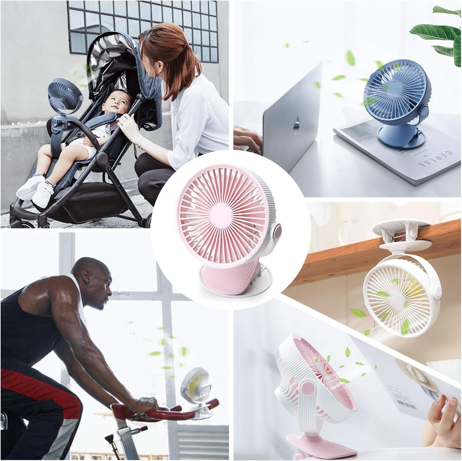 Collage von Ventilatoren: Kinderwagen, Laptop, Heimtrainer, an Regal geklemmt.