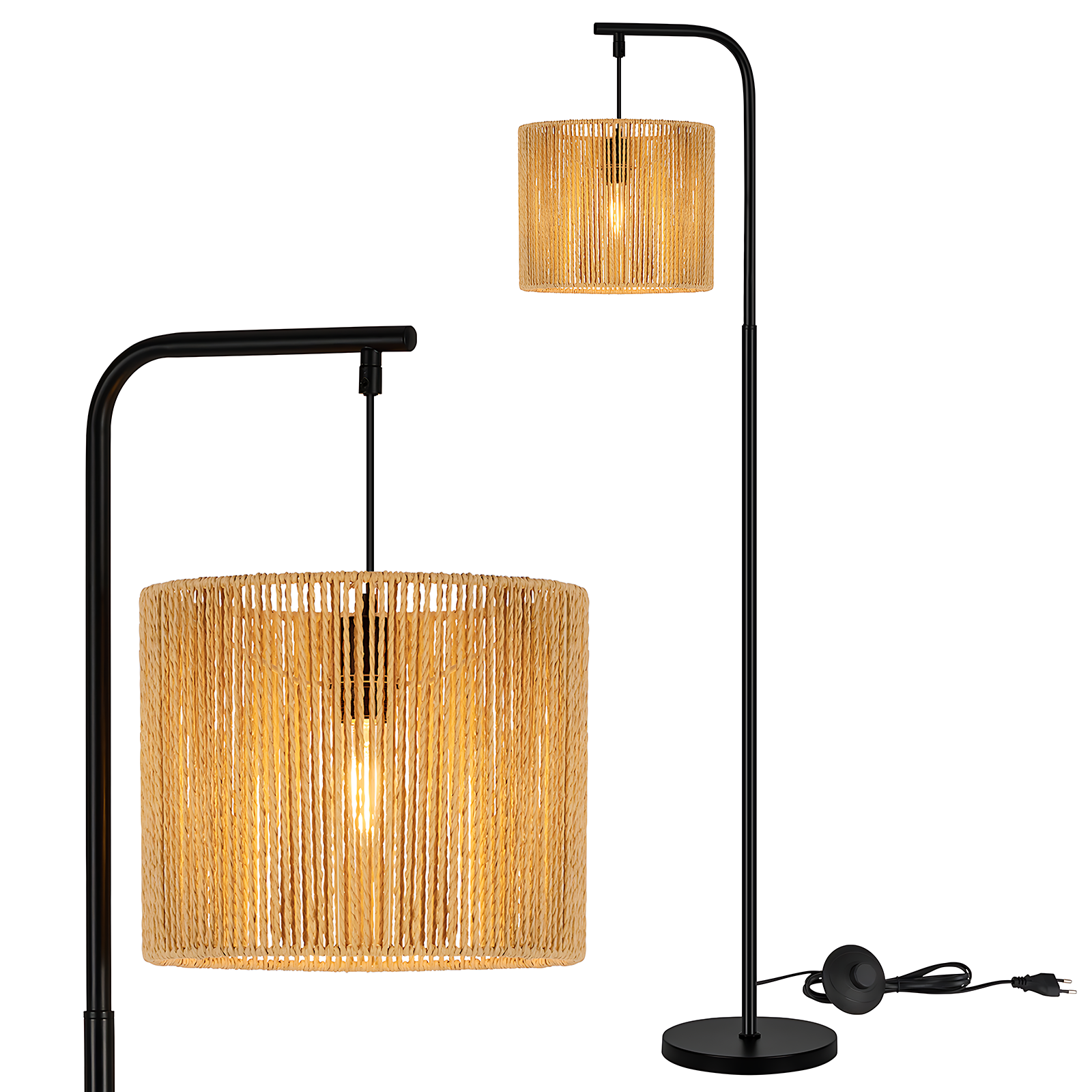 Lampada da terra nera con paralume in corda marrone chiaro.