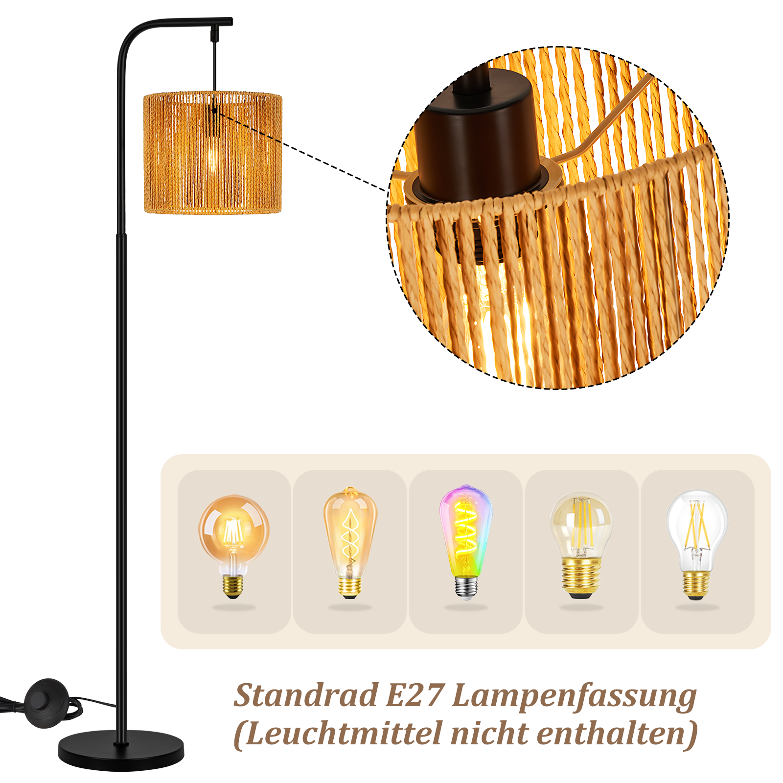Una lampada da terra nera con paralume intrecciato e varie lampadine.