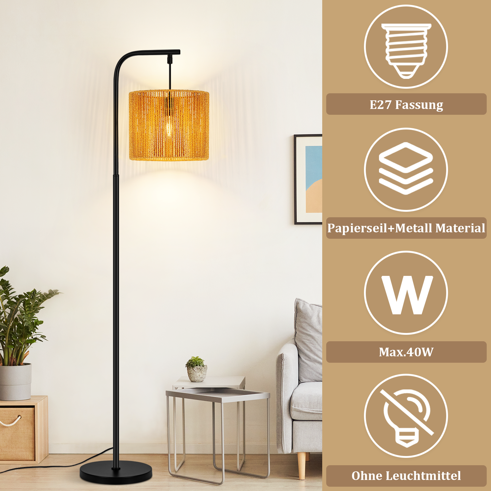 Lampada da terra moderna con paralume intrecciato in soggiorno.