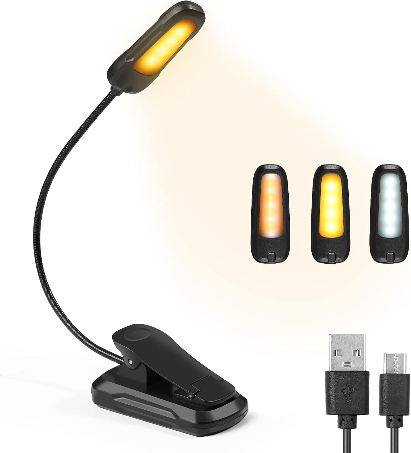 Ein schwarzes Klemmbuch mit flexiblem Hals und gelbem Licht, daneben drei Lichter und USB-Kabel.