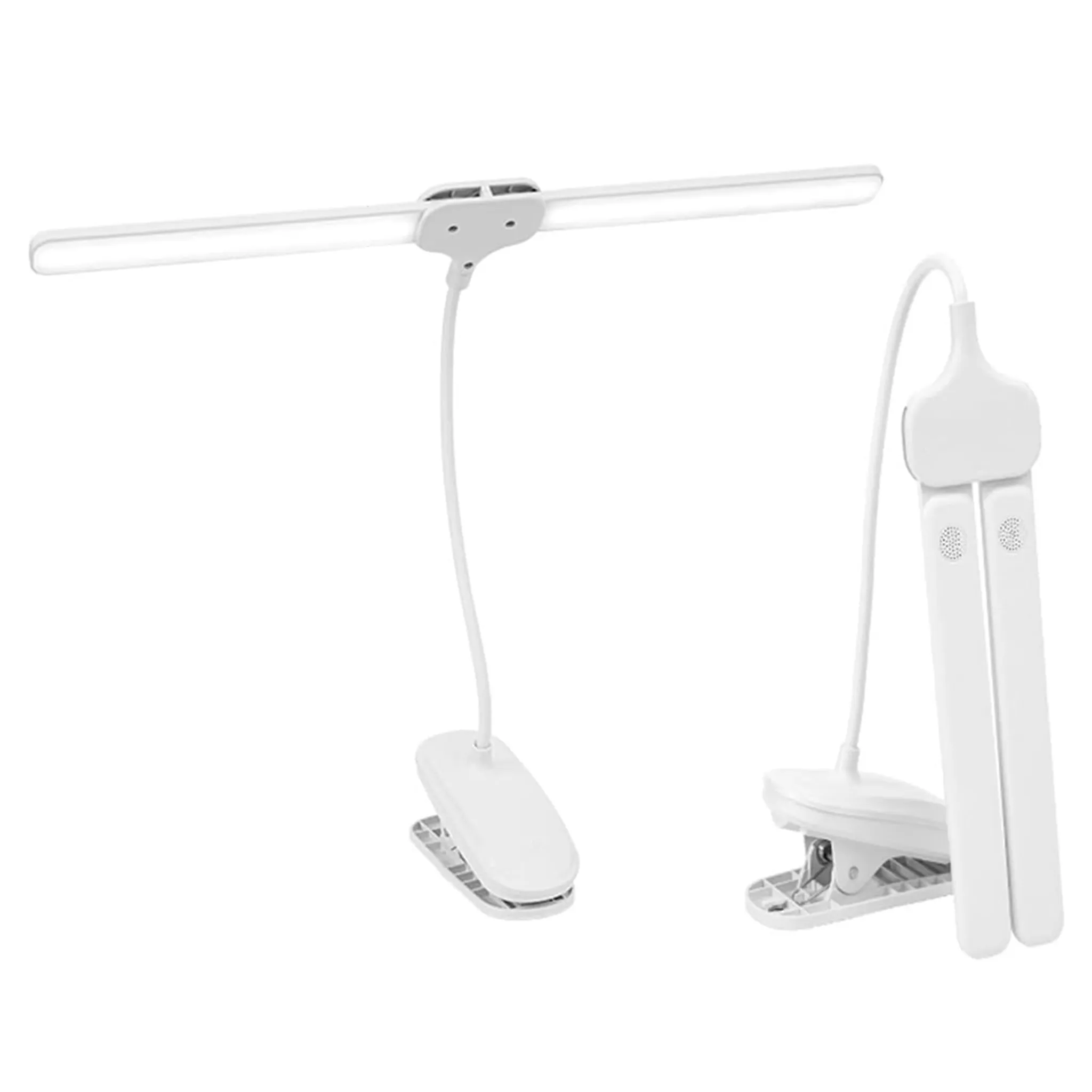 Eine weiße Klemmleuchte mit flexiblem Arm und LED-Leiste.