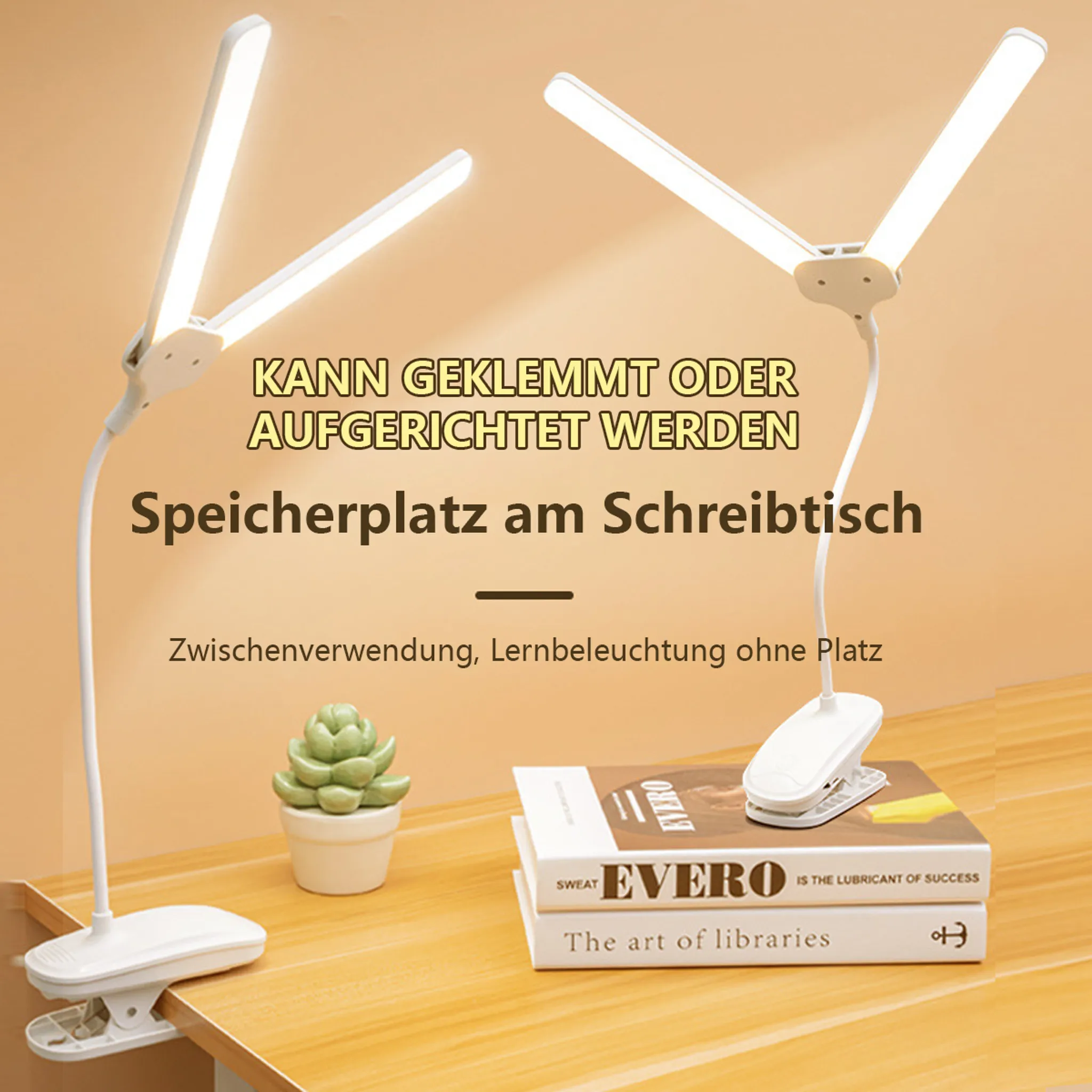 Zwei weiße LED-Schreibtischlampen auf einem Holztisch mit Büchern und einer Pflanze.