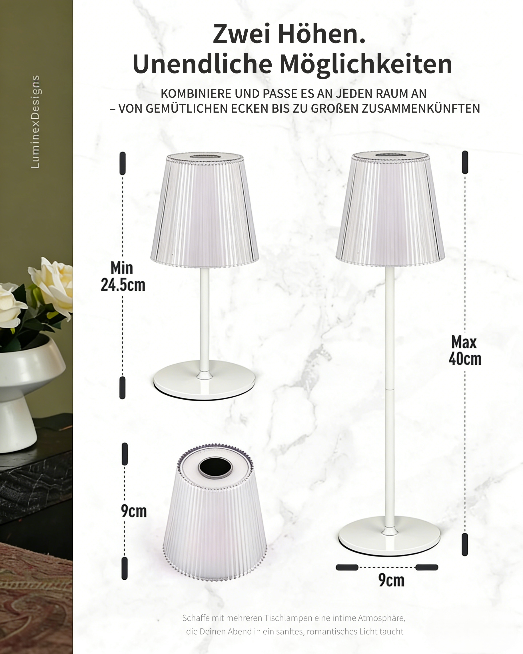 Zwei weiße Tischlampen in verschiedenen Höhen, mit Maßen.