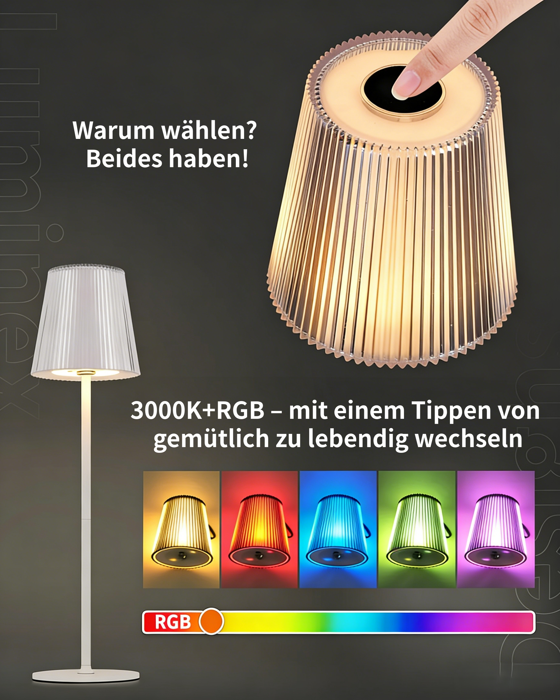 Ein Finger tippt auf eine Lampe. Farboptionen werden gezeigt.