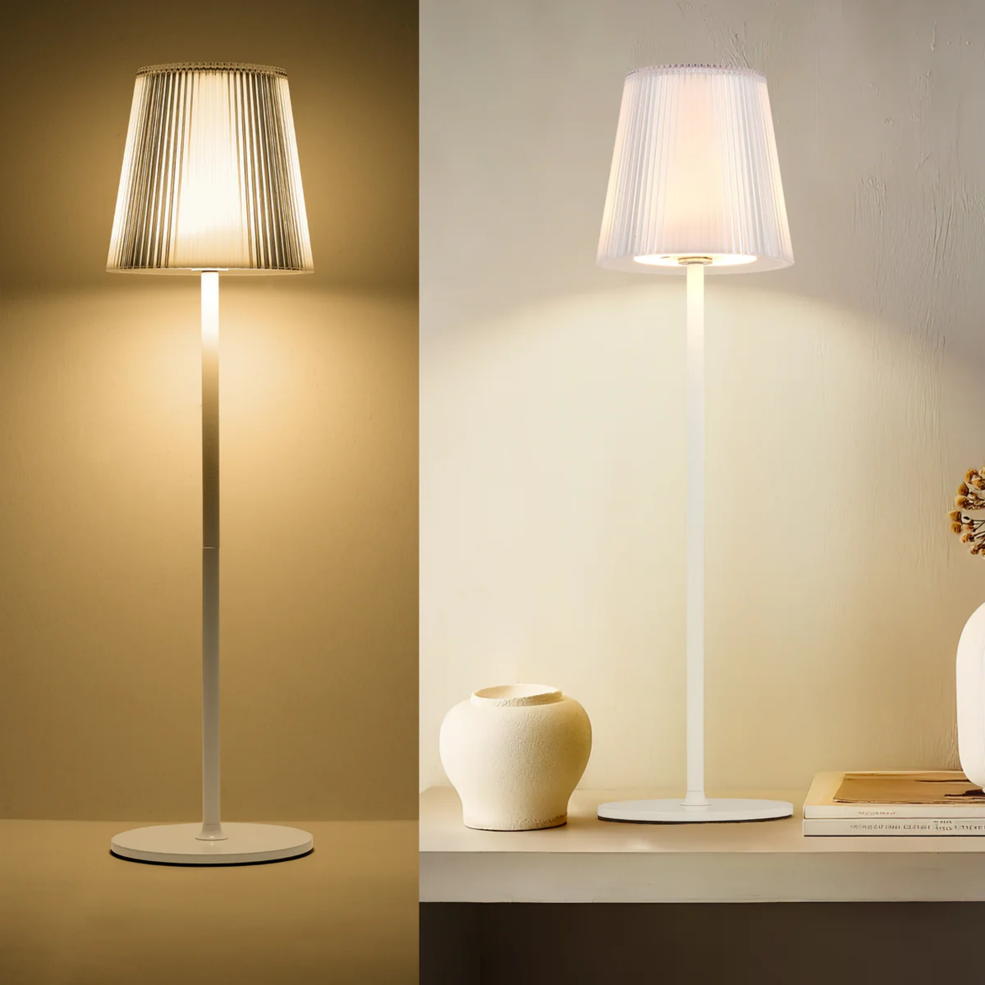 Ein weißer Stehlampen-Prototyp mit plissiertem Lampenschirm. Links und rechts.
