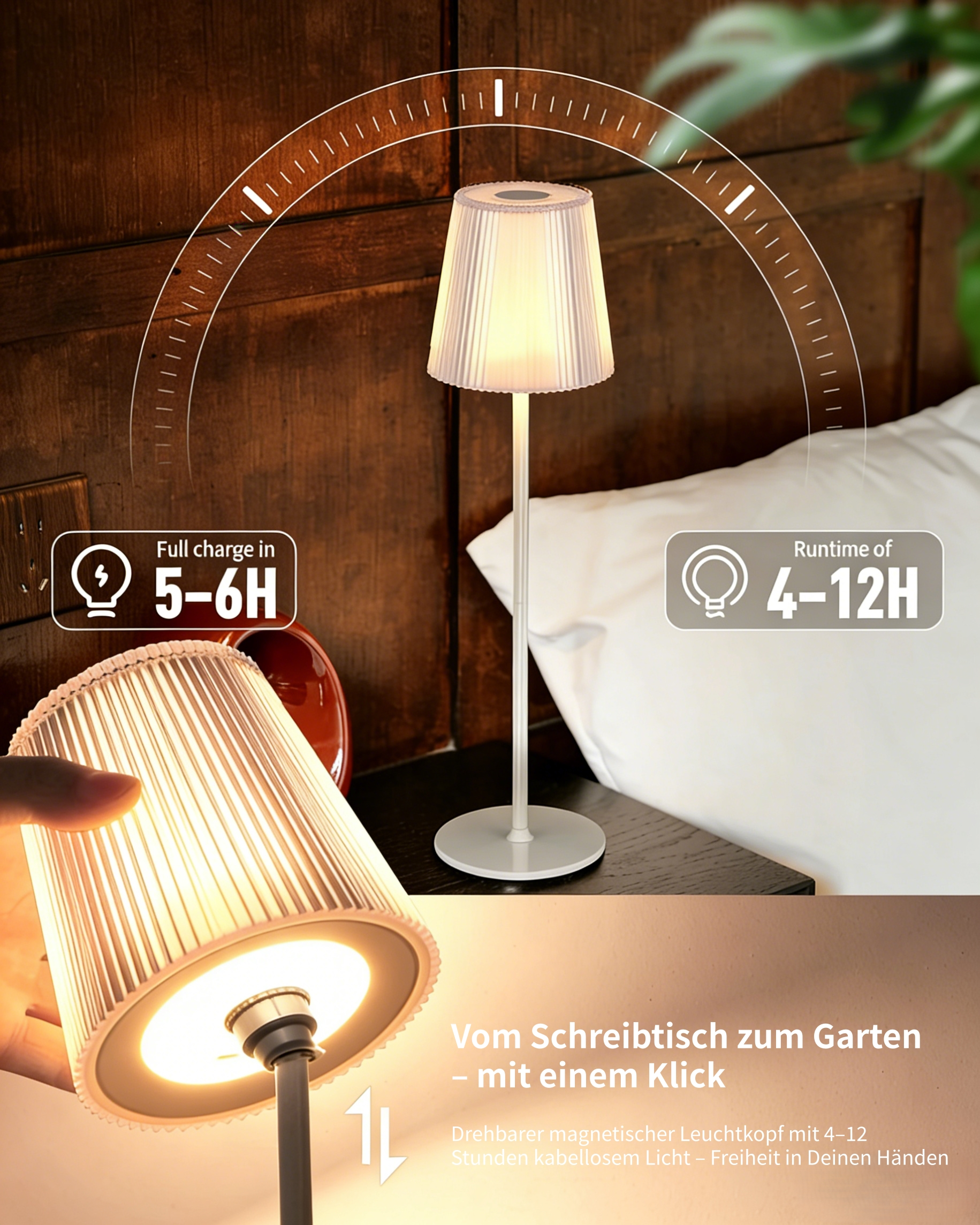 Eine Nachttischlampe mit Metallfuß, 5-6h Ladezeit, 4-12h Laufzeit.