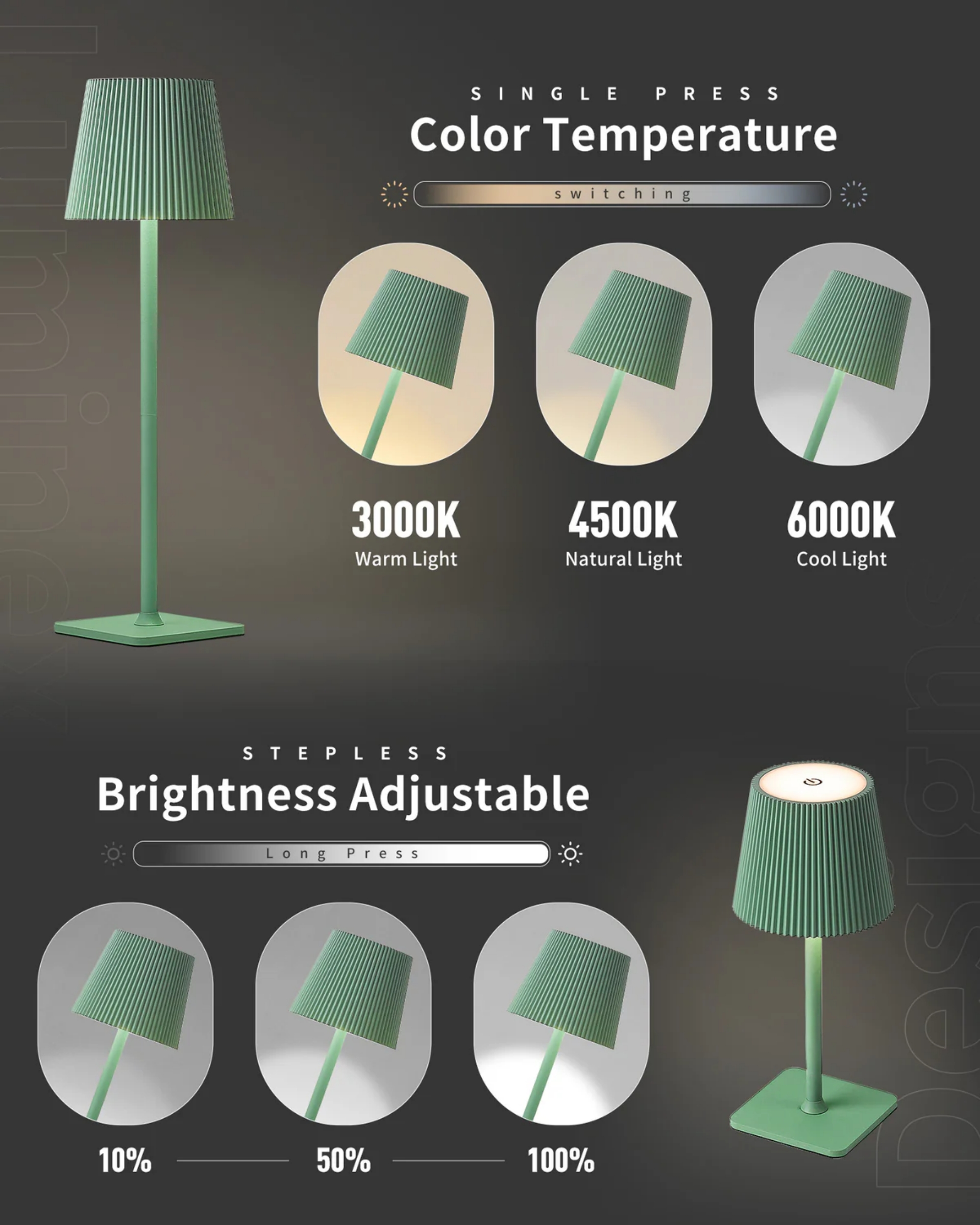 Eine grüne Lampe mit verstellbarer Farbe und Helligkeit wird gezeigt.