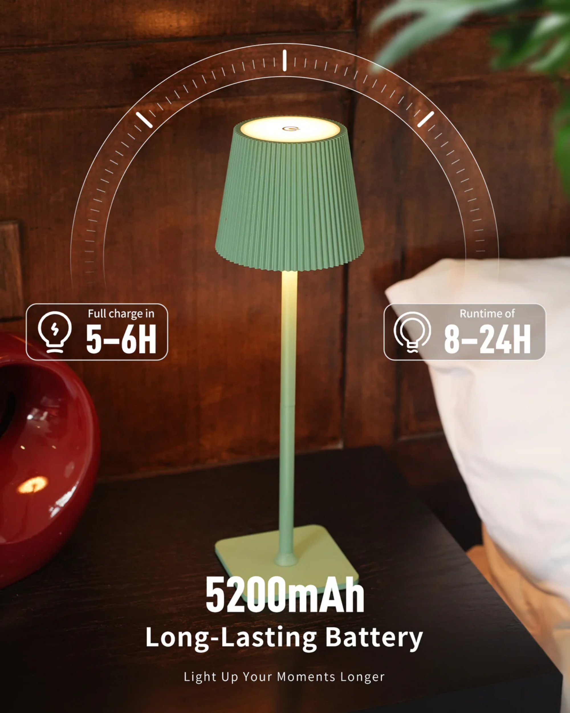 Grüne Lampe lädt 5-6 Std., läuft 8-24 Std. 5200mAh Akku.