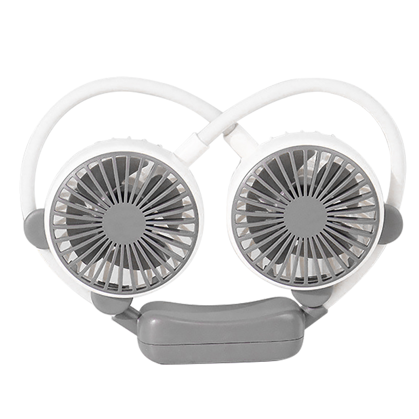 Ein weißer Nackenventilator mit zwei grauen Lüftern und einem grauen Mittelteil.