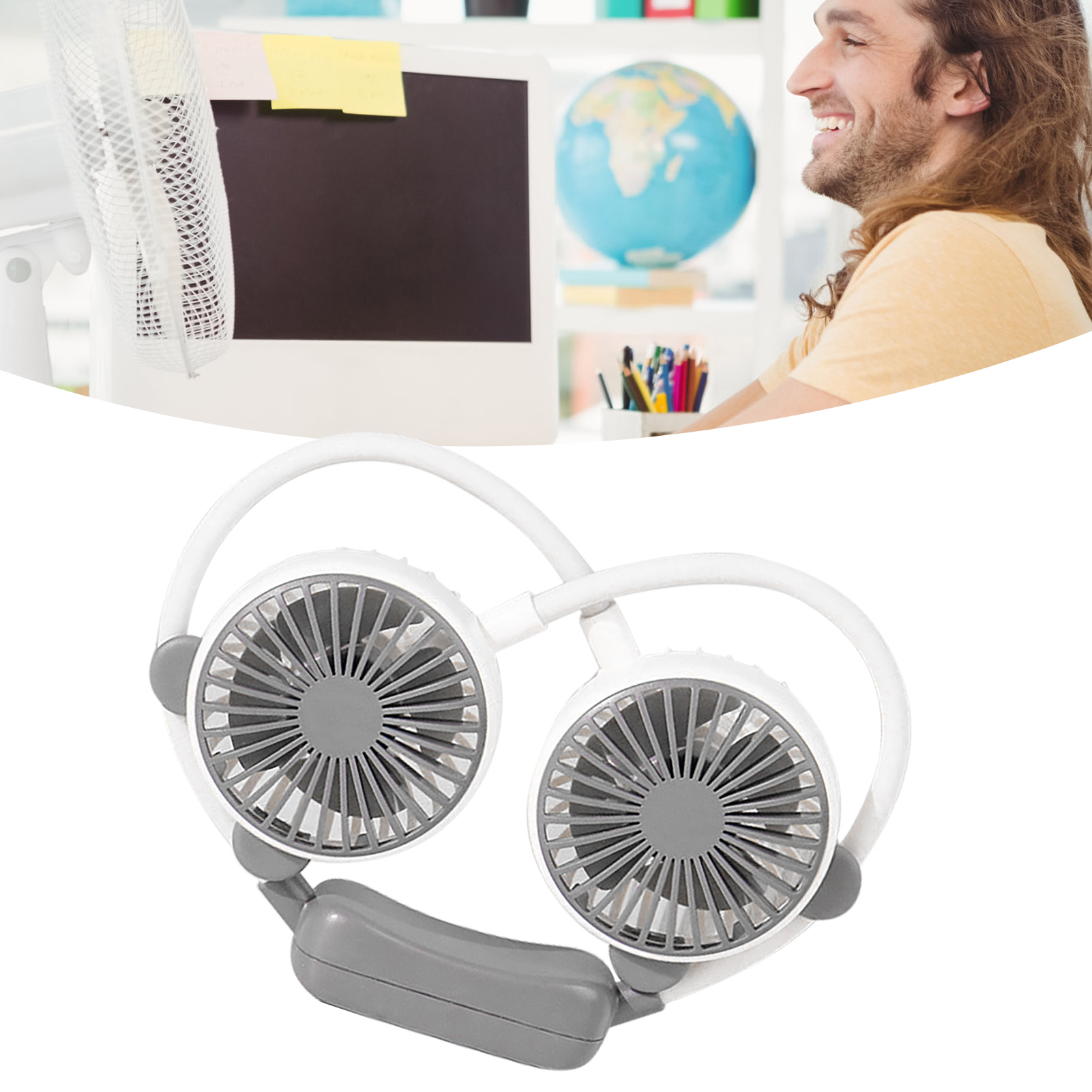 Ein tragbarer Nackenventilator mit zwei Lüftern und grauen Lüfterblättern.