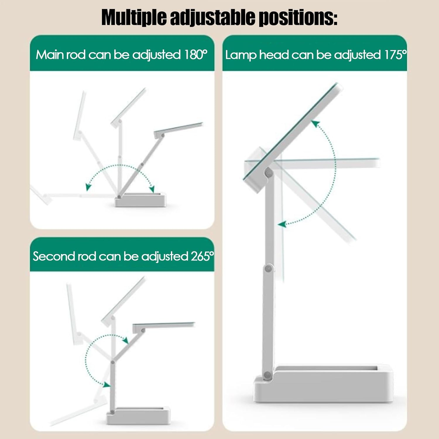 Weiße, verstellbare Schreibtischlampe zeigt mehrere Positionen für Stangen und Kopf.