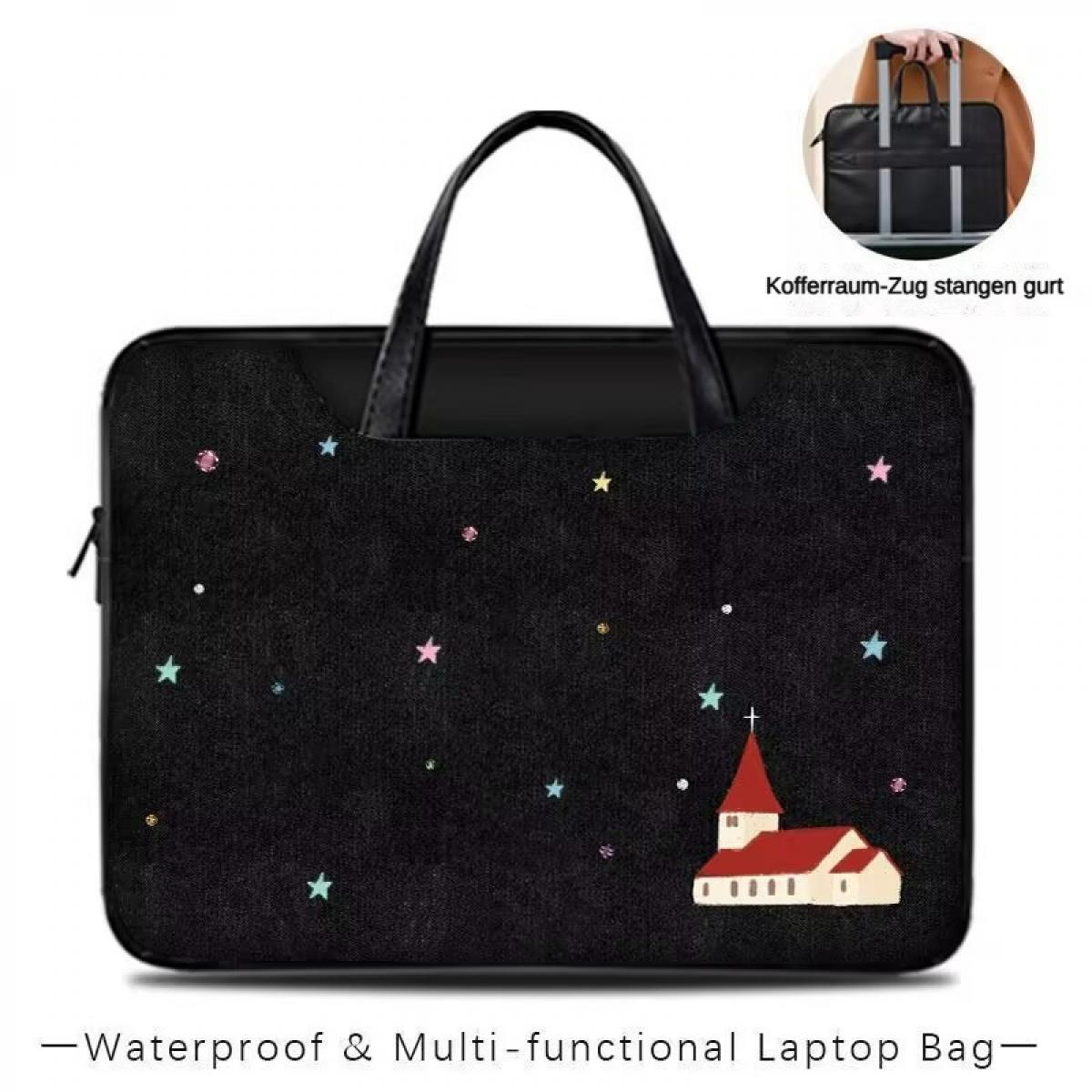 Schwarze Laptoptasche mit Sternen und Kirche, Henkeln. Mehrzweck.
