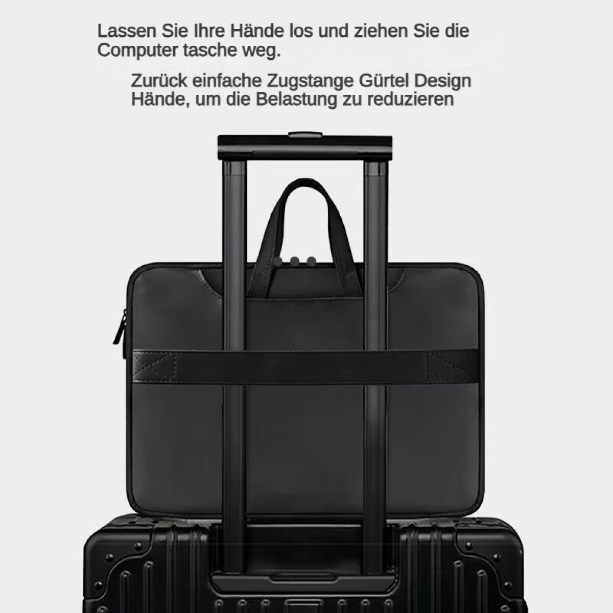 Schwarze Laptoptasche auf einem schwarzen Koffer, mit Griffen sichtbar.