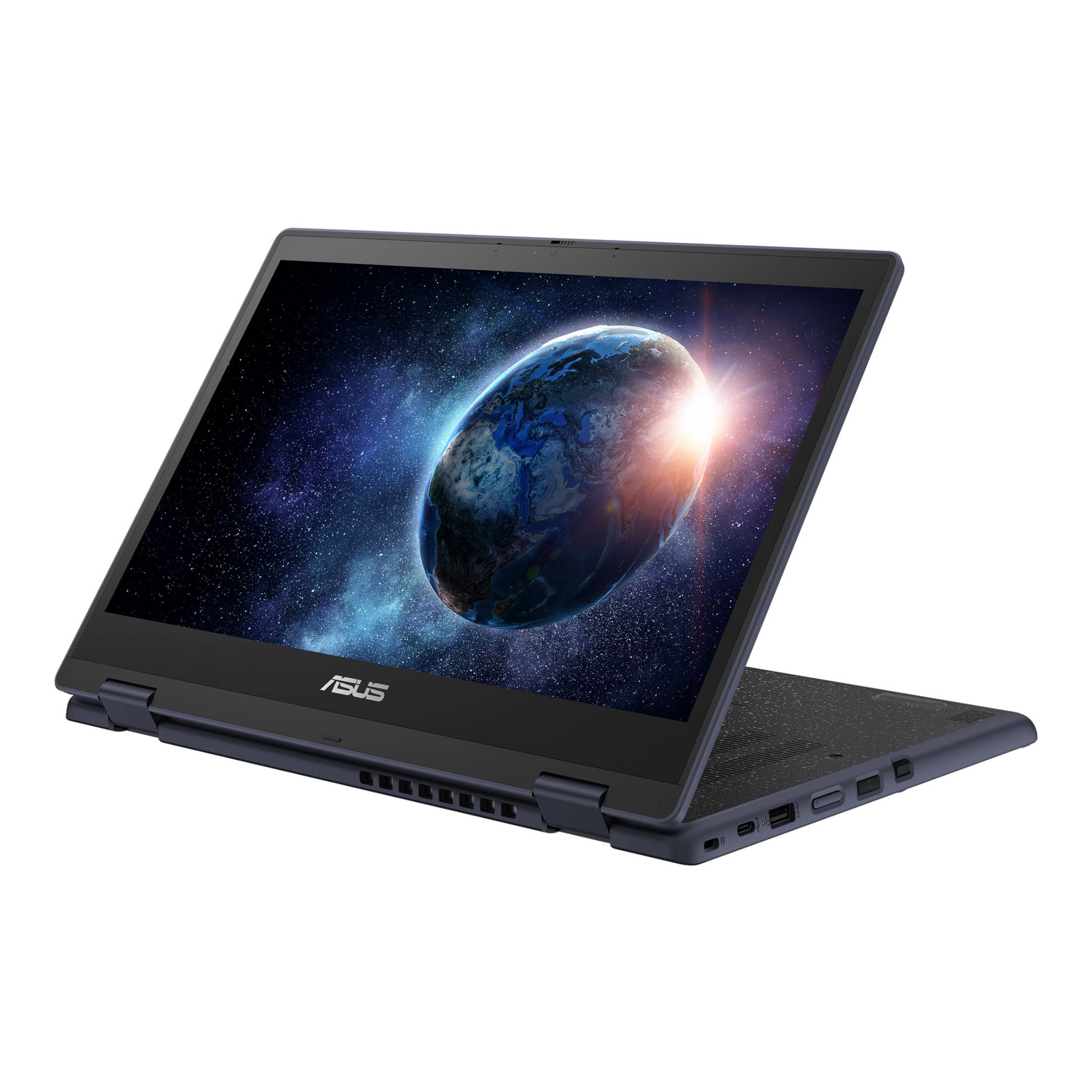 Ein offener Laptop mit einem Bild der Erde im Weltraum auf dem Bildschirm.